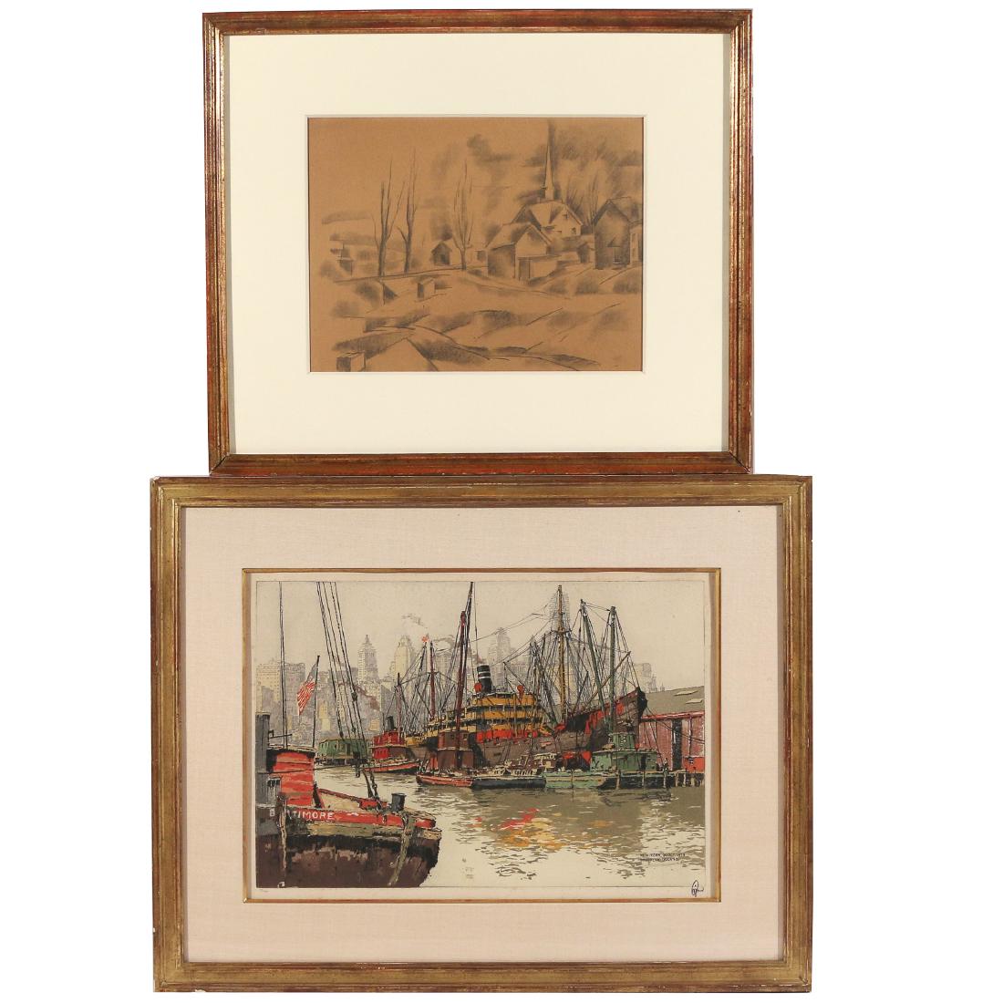 (2pc) KONRAD CRAMER DRAWING; PRINT OF BROOKLYN: two pieces of American school art, including: KONRAD CRAMER (American, 1888-1963), Rural church scene, charcoal on paper, 8-3/4 x 11-3/4 in. (sight); and an aquatint etching titled 'New York 10. Oct.