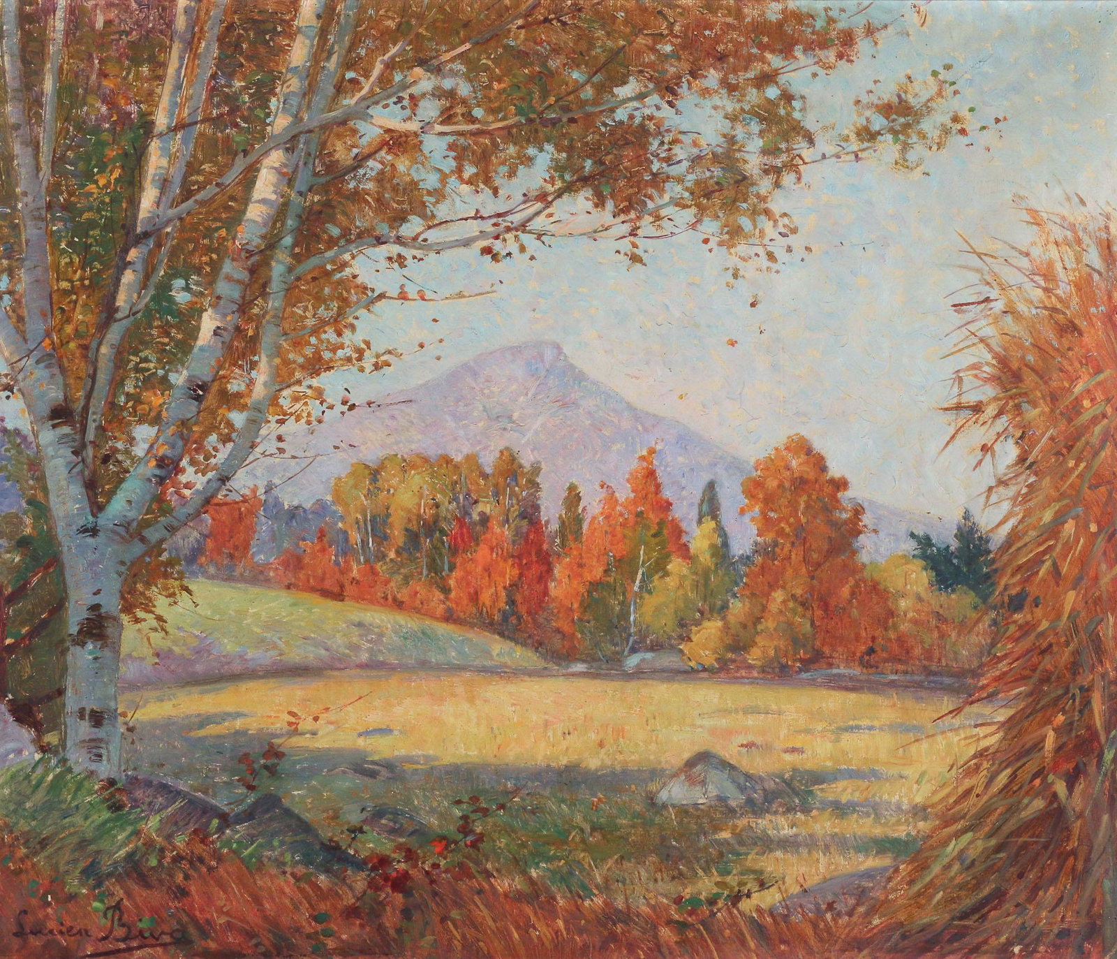 LUCIEN BIVA (French/American, 1878-1965): Autumn landscape with birch trees oil on canvas h. 20 w. 24 in. overall: 26 x 30 in. signed lower left, with paper label on verso reading 'Columbia Co. Arts & Crafts Guild / Ninth Annual Exhibition / 