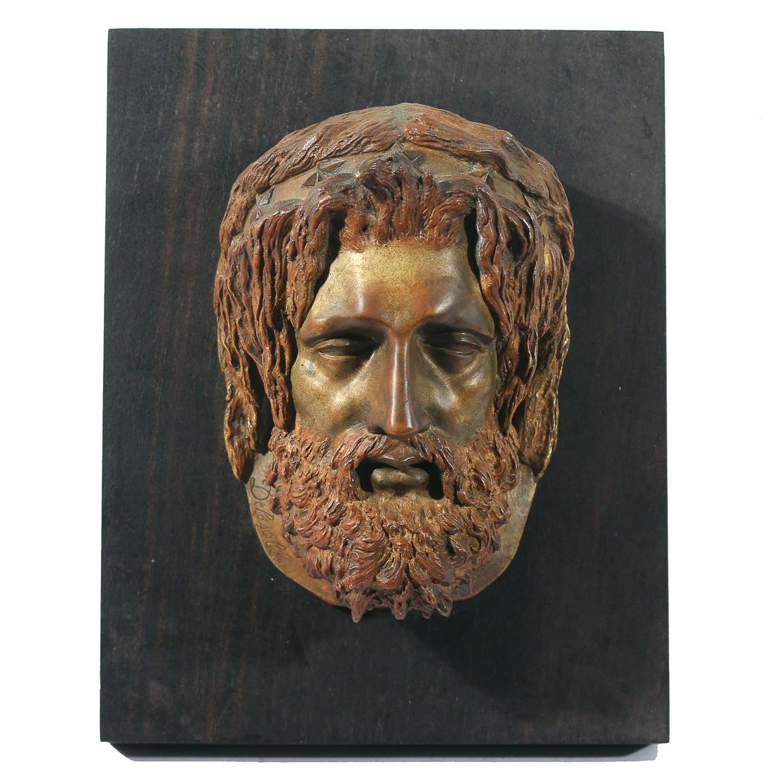 CHRISTOPHE FRATIN (French, 1801-1864): Head of Christ bronze h. 4-1/4 w. 3 d. 2-1/4 in. (head) overall: 6-1/4 x 5 x 3-1/4 in. with gilt and reddish patination for the hair and beard, signed and with Delesalle foundry mark, mounted on an eb