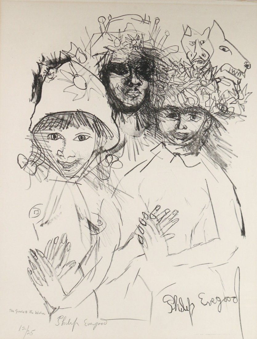 PHILIP EVERGOOD (American, 1901-1973): The Girls & The Wolves lithograph h.21-1/2 x 16-1/2 in. titled, signed, and numbered 12/25 lower left, framed overall dimensions: 28 x 23 in.