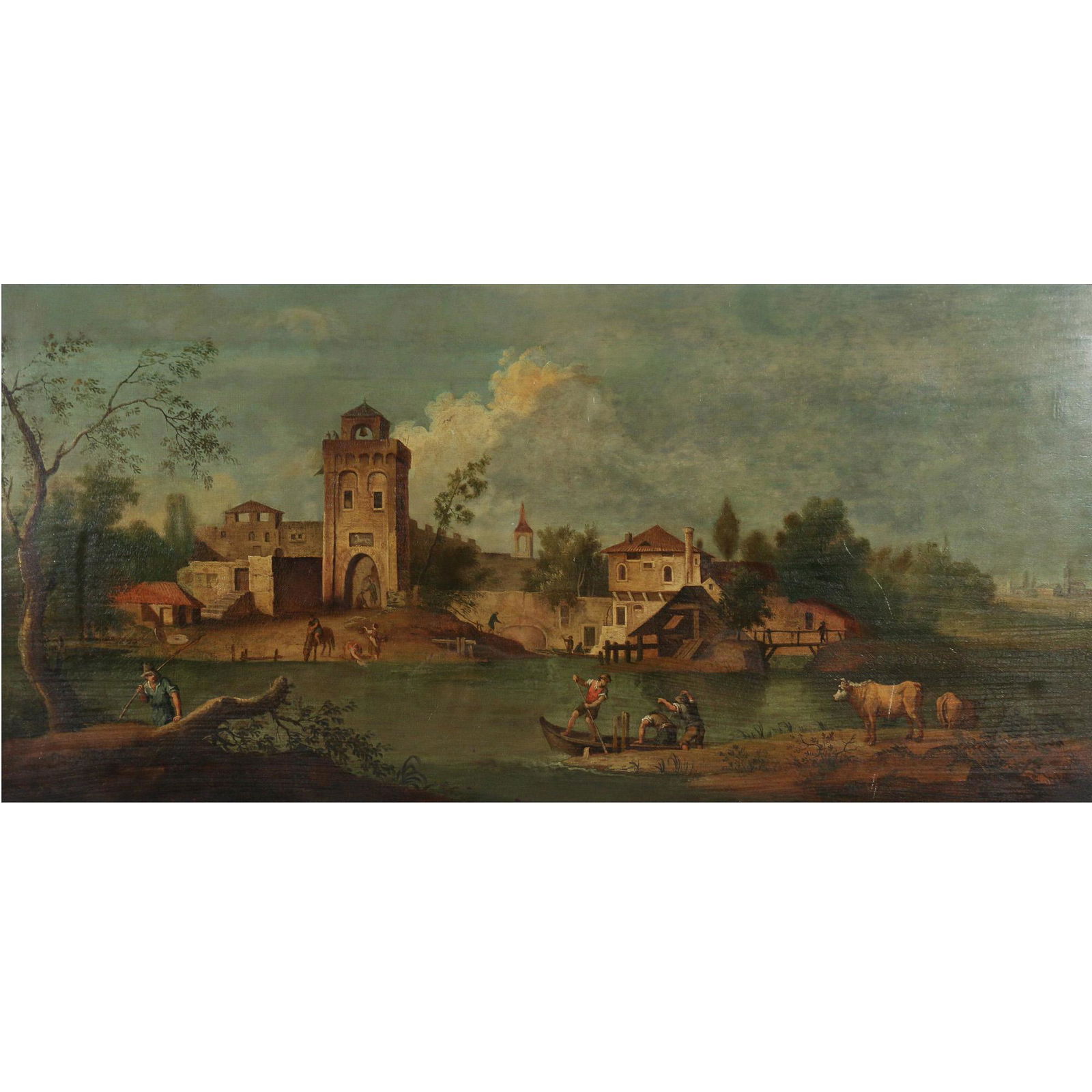 FOLLOWER OF FRANCESCO ZUCCARELLI (1702-1788): Pastoral landscape with a riverside town oil on canvas h. 24 w. 50 in. overall: 28-1/2 x 54-1/2 in. no apparent signature, framed Provenance:Sotheby's, New York, Old Master and Nineteenth Century Euro