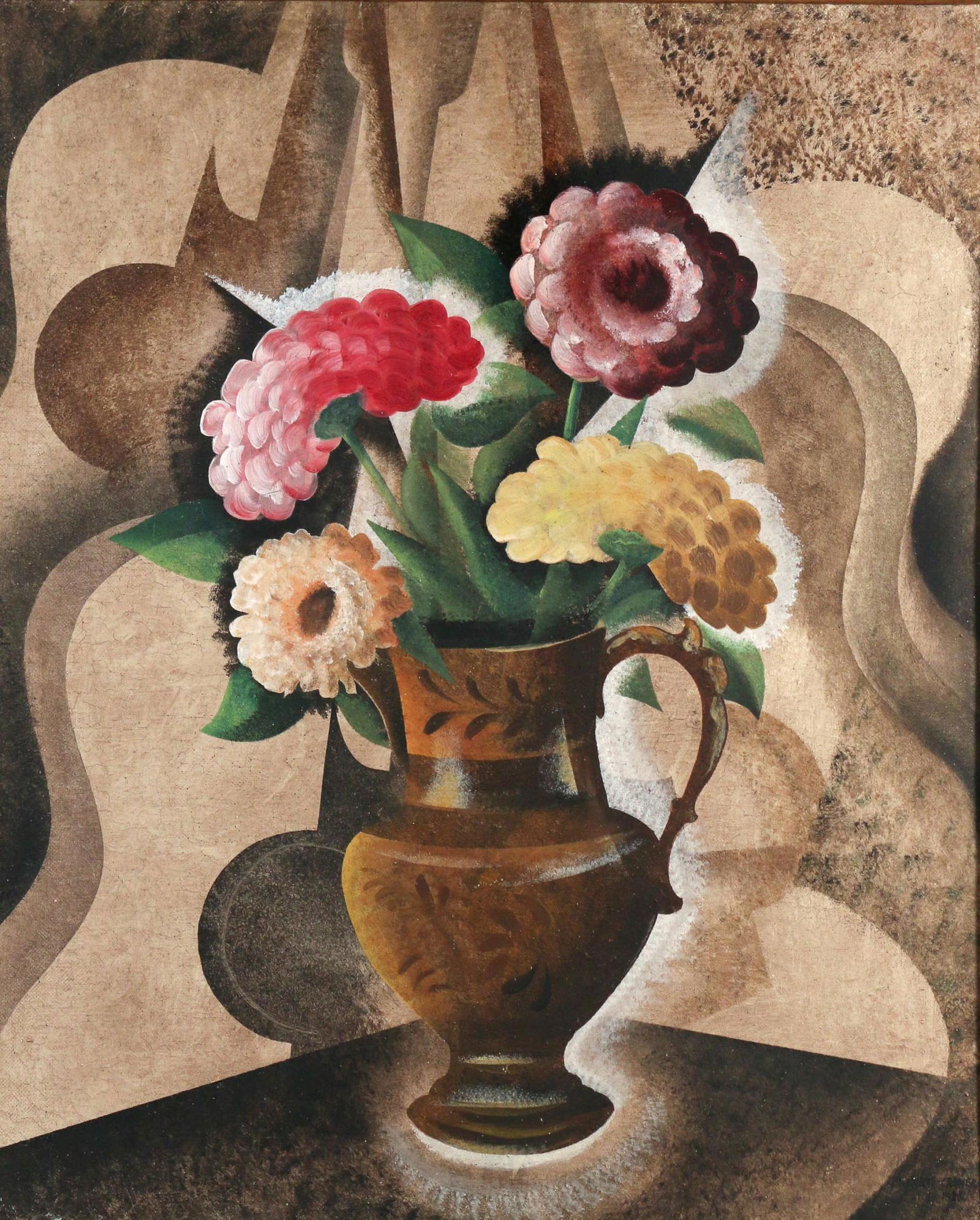 KONRAD CRAMER (American, 1888-1963): Zinias No. 2, 1928 oil on board h. 23-1/4 w. 19-1/4 in. overall: 28-1/2 x 24-1/4 in. signed and dated lower right, titled on verso, with three exhibition stamps, Dudensing Gallery stamp, an old price