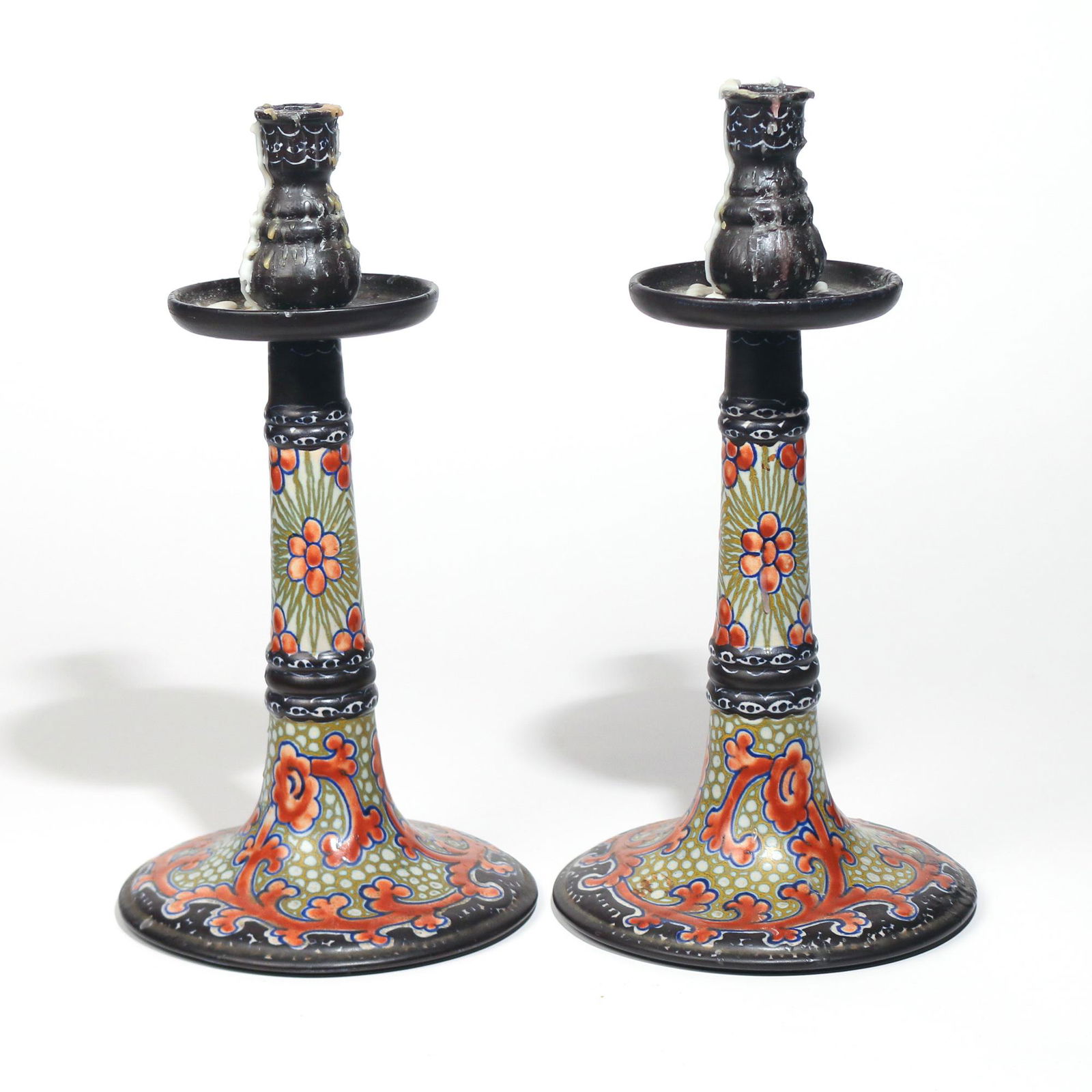 PAIR GOUDA SEMI-MATTE POTTERY CANDLESTICKS (1 of 3)