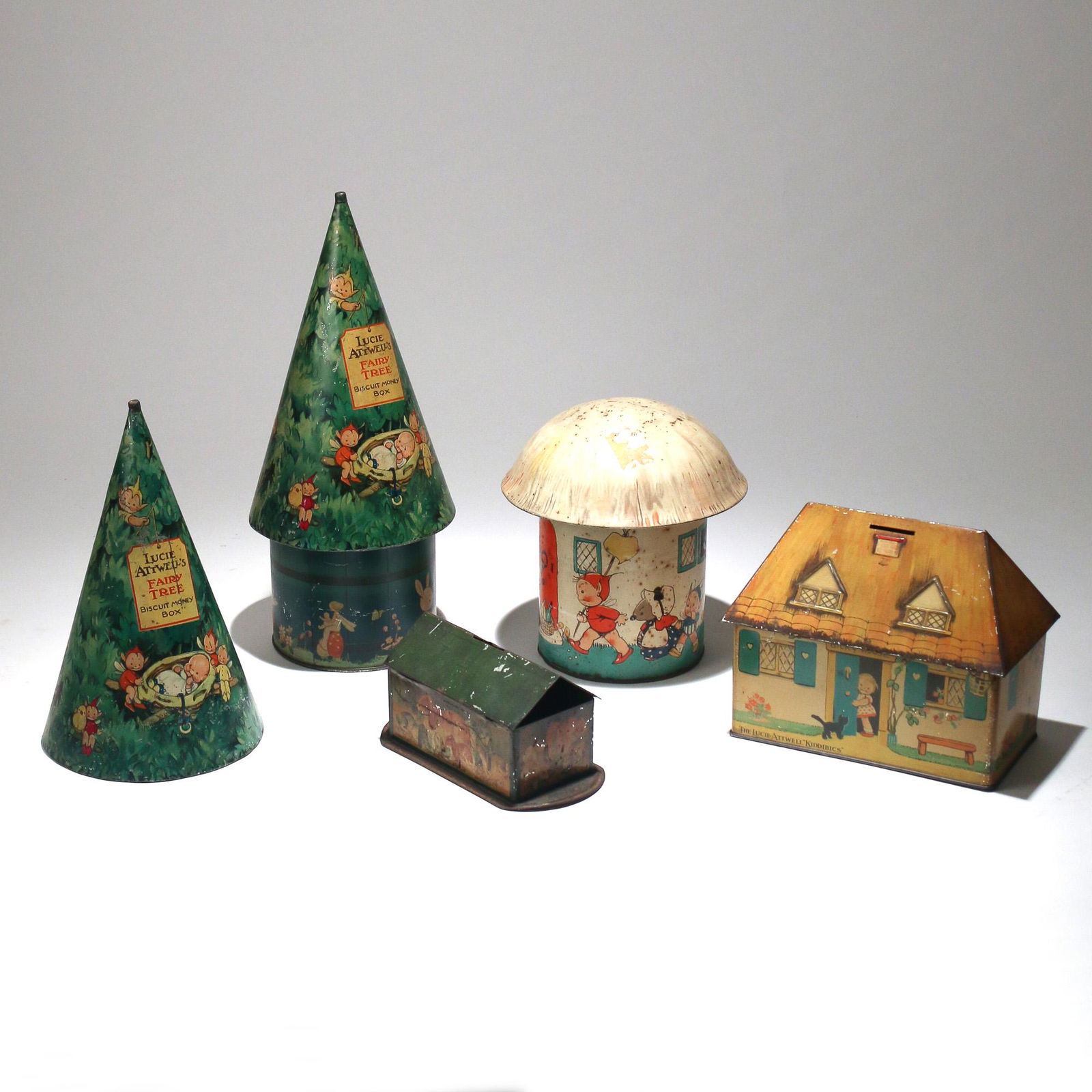 (5pc) TIN BISCUIT MONEY BOXES (1 of 2)