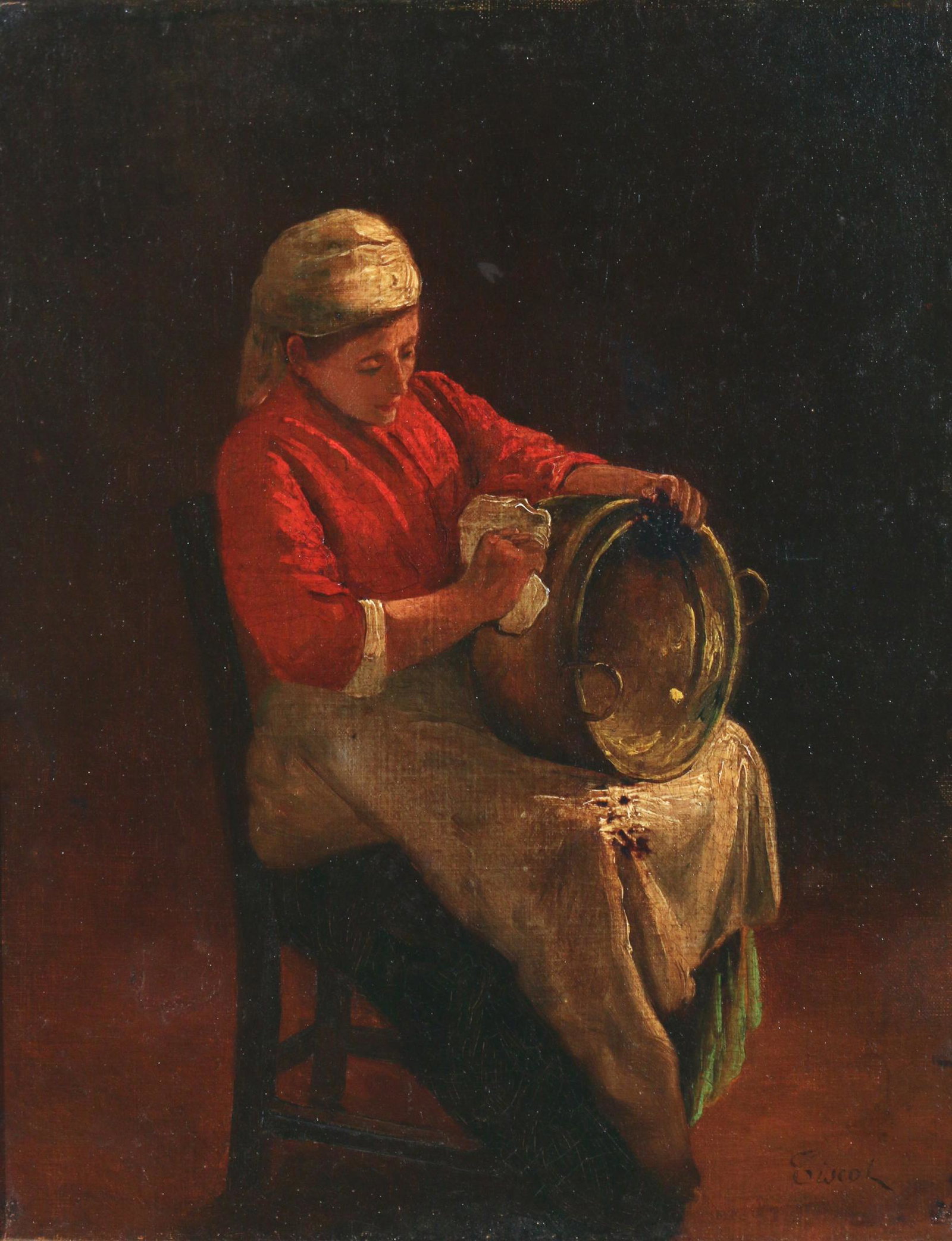 CONTINENTAL SCHOOL (19th Century): woman polishing a basin oil on canvas h. 16 w. 13 in. overall: 23 x 19-1/2 in. signed indistinctly "Tiscol?" lower right Provenance: From the home of a retiring, octogenarian, Hastings on Hudson, NY.