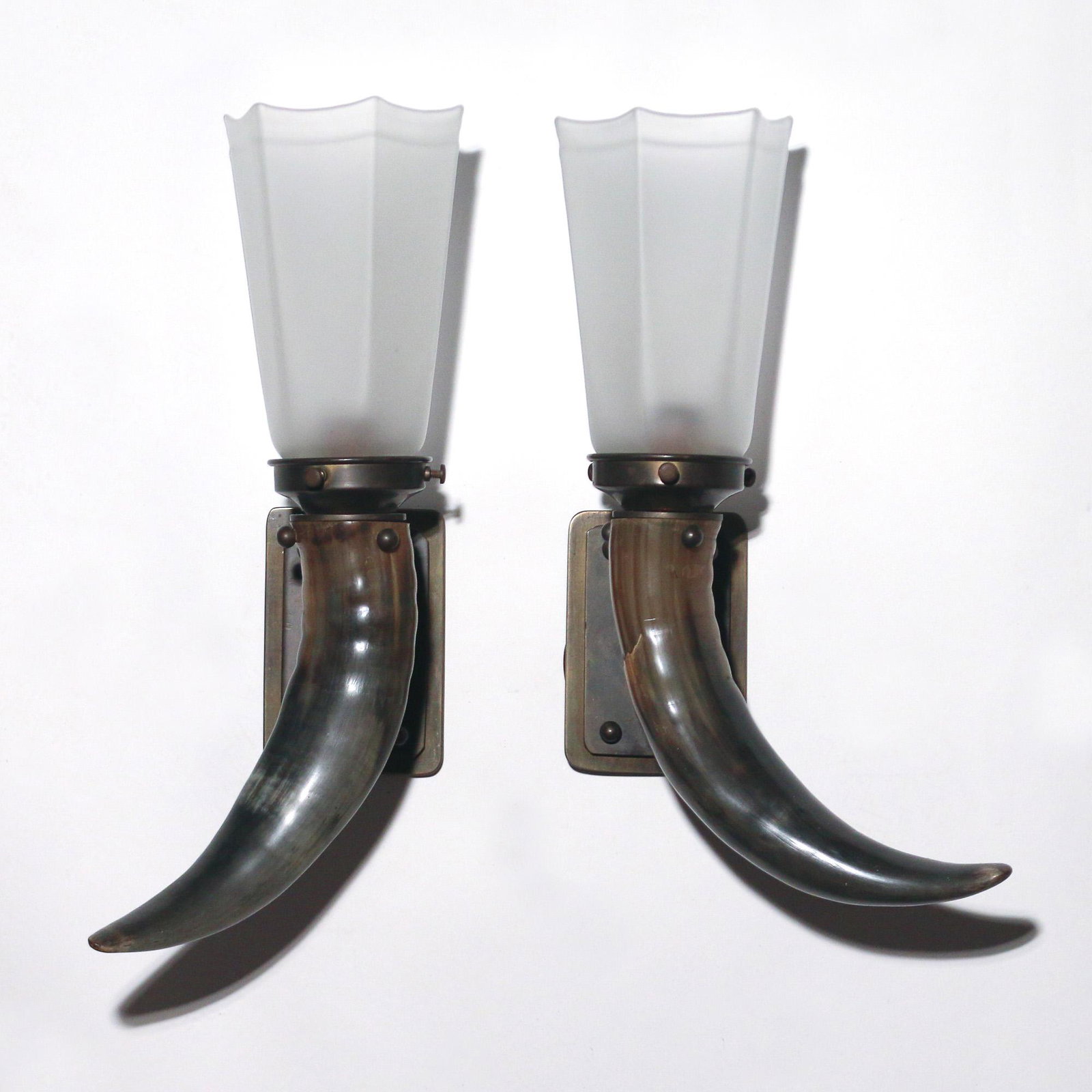 PAIR ANTIQUE HORN & FROSTED GLASS WALL SCONCES: late 19th/early 20th Century, with bronze backplates and modern hexagonal frosted glass shades, backplate screws and three older frosted glass shades included h. 14 w. 6 d. 5-1/2 in. (as shown)