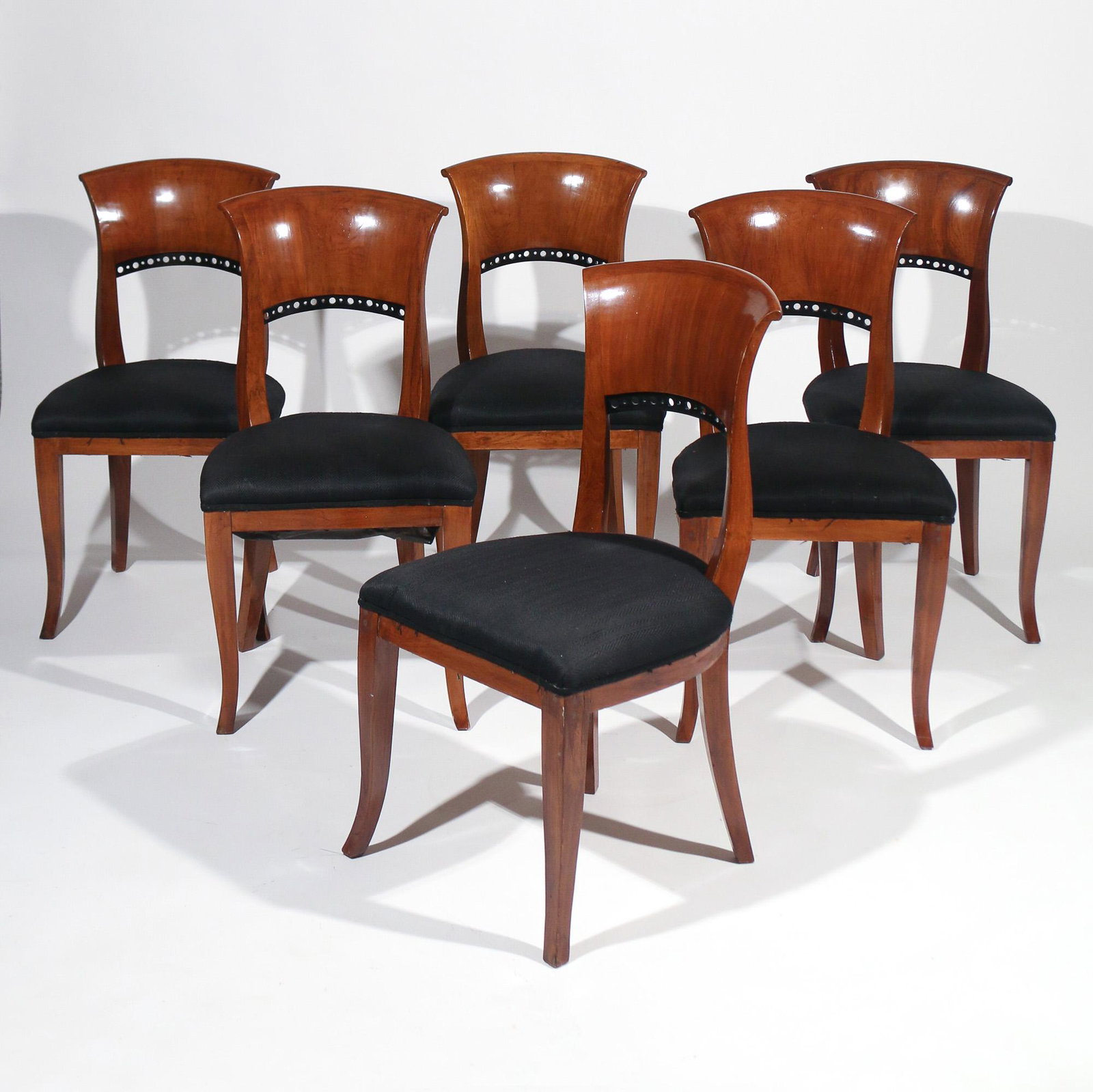(6pc) BIEDERMEIER FRUITWOOD SIDE CHAIRS: 19th Century, with black upholstered seats h. 35 w. 18-1/2 d. 19 in. (ea.) Provenance: The estate of J.D. McClatchy (1945-2018), American poet, librettist, literary critic, and former president of The