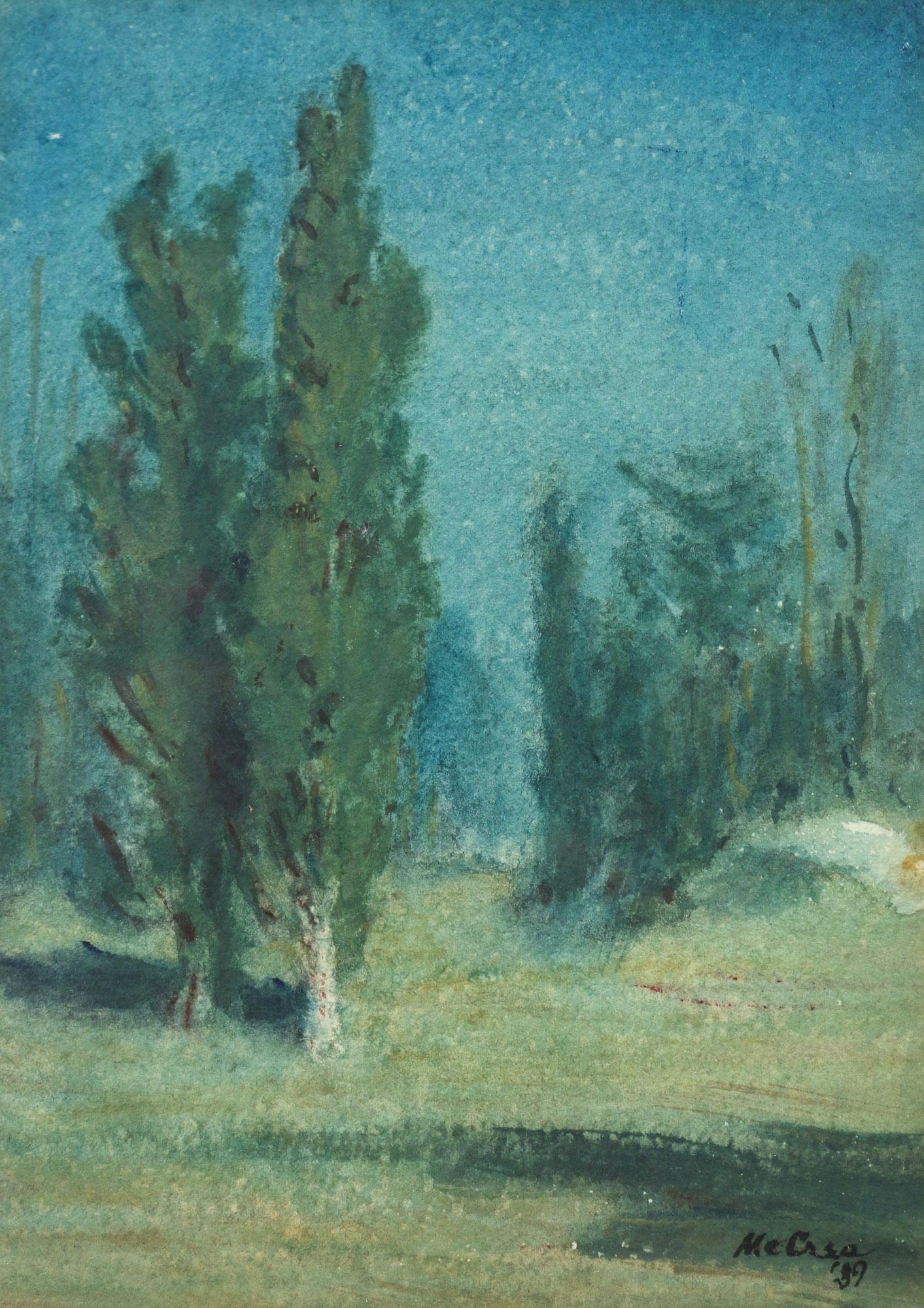 SAMUEL HARKNESS McCREA (American, 1867-1941): Moonlit landscape, 1939 mixed media on paper h. 7-1/2 w. 5-1/4 in. overall: 13-1/2 x 10-1/2 in. signed and dated lower right, framed with autograph letter by the artist reading 'Dear Mrs. Parsons: / Y