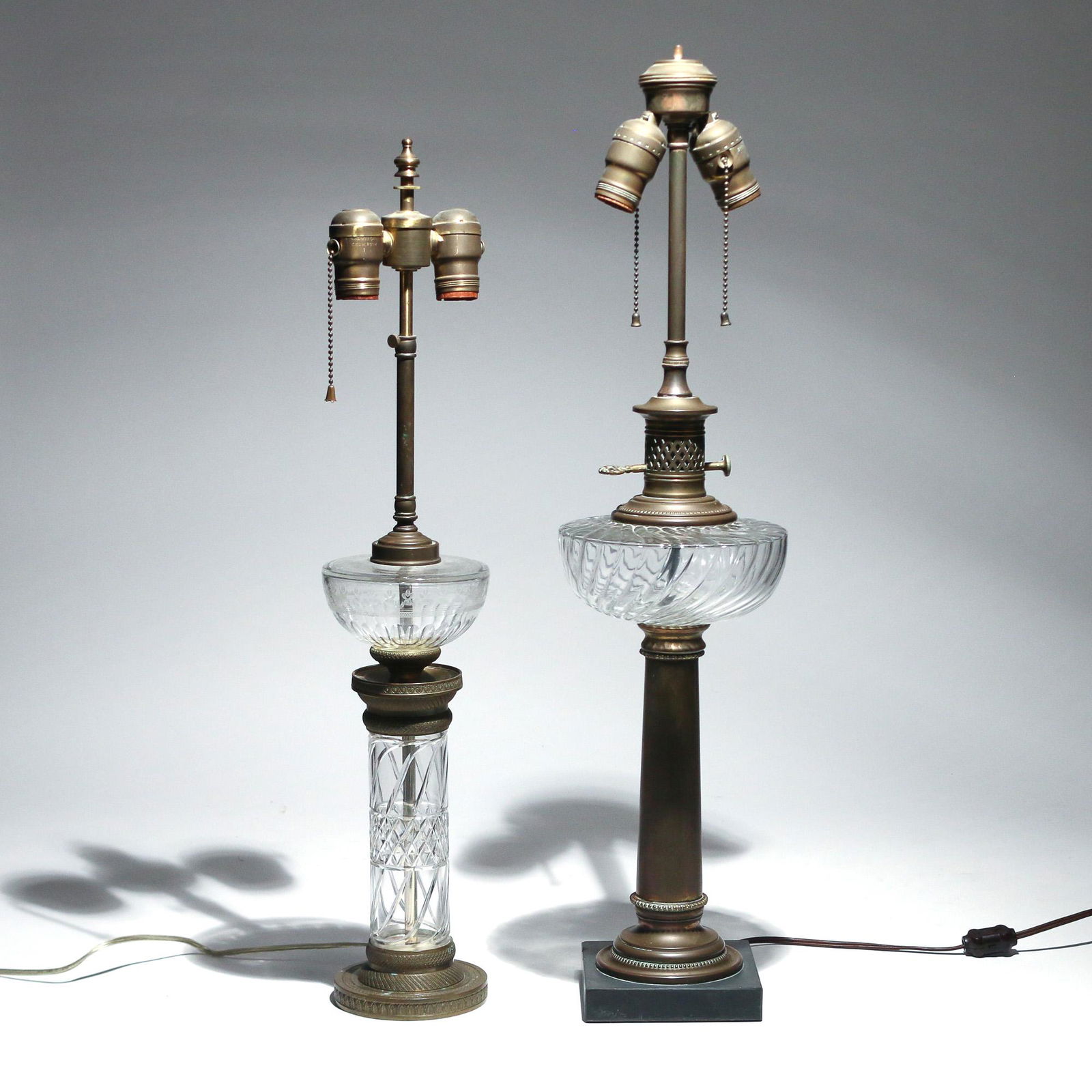 (2pc) BRASS & CUT GLASS OIL LAMPS (1 of 3)