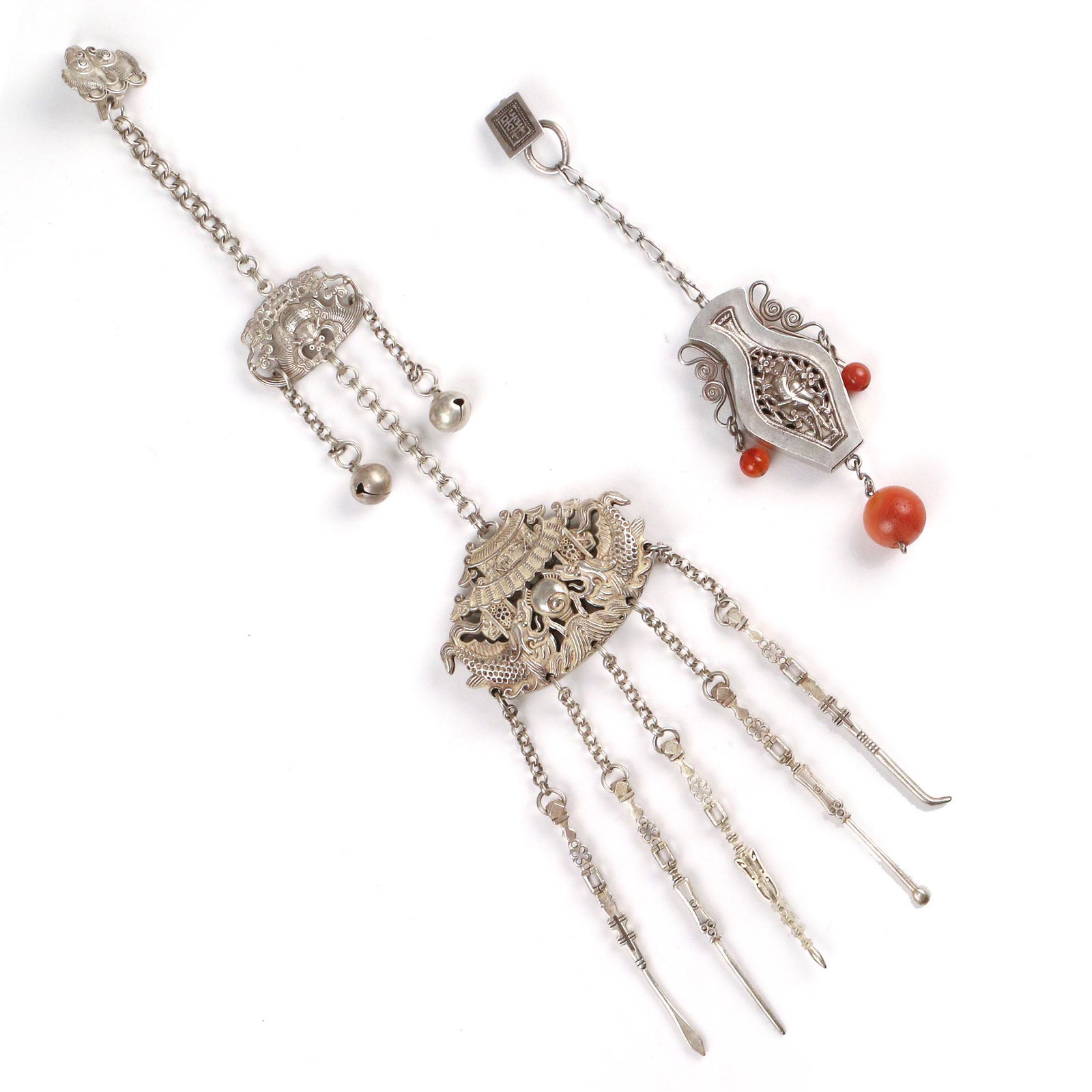 (2pc) CHINESE SILVER CHATELAINES: Including a long chatelaine suspending a large formed and engraved plaque decorated with fish under a pagoda top with five various tools on chains, medial station engraved with a bat and Chinese devic
