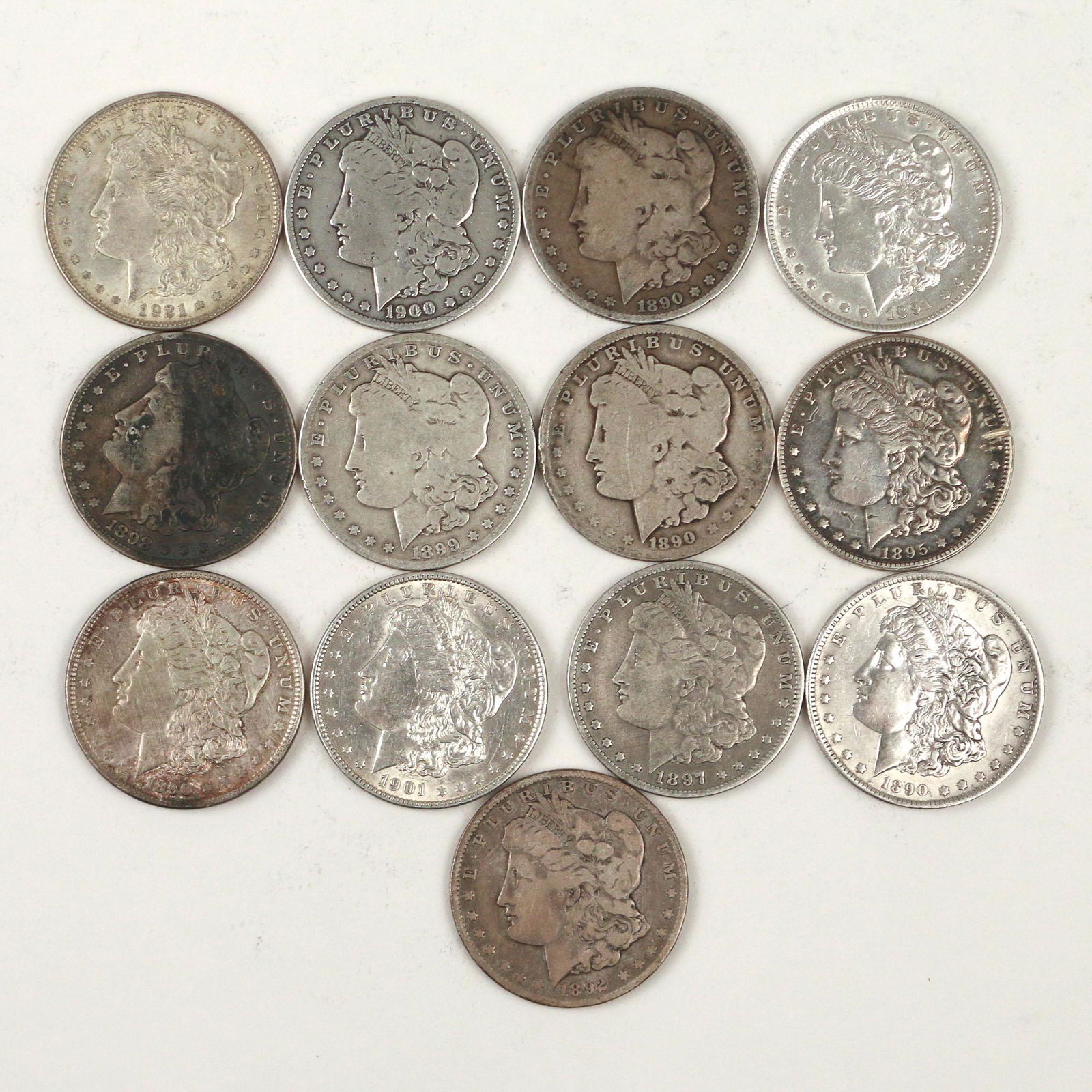 (13pc) 1890-1921 MORGAN SILVER DOLLARS (1 of 2)