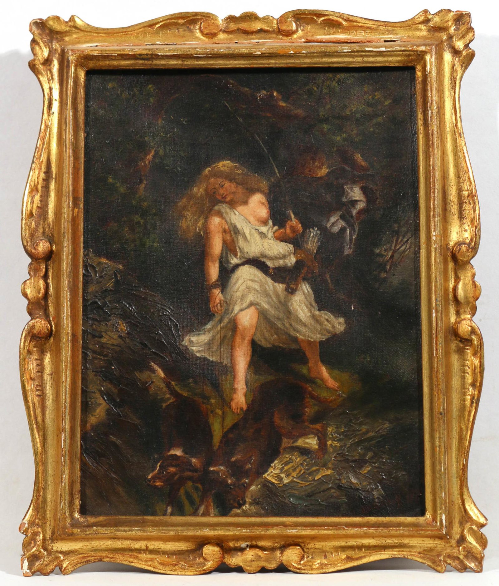 CONTINENTAL SCHOOL OIL ON CANVAS: Female hunter oil on canvas h. 10-1/8 w. 7-1/4 in. overall: 11-1/2 x 9-1/4 x 1-1/4 in. mythical female figure with bow and quiver, leading two dogs Provenance: from the estate of a retiring octogenari