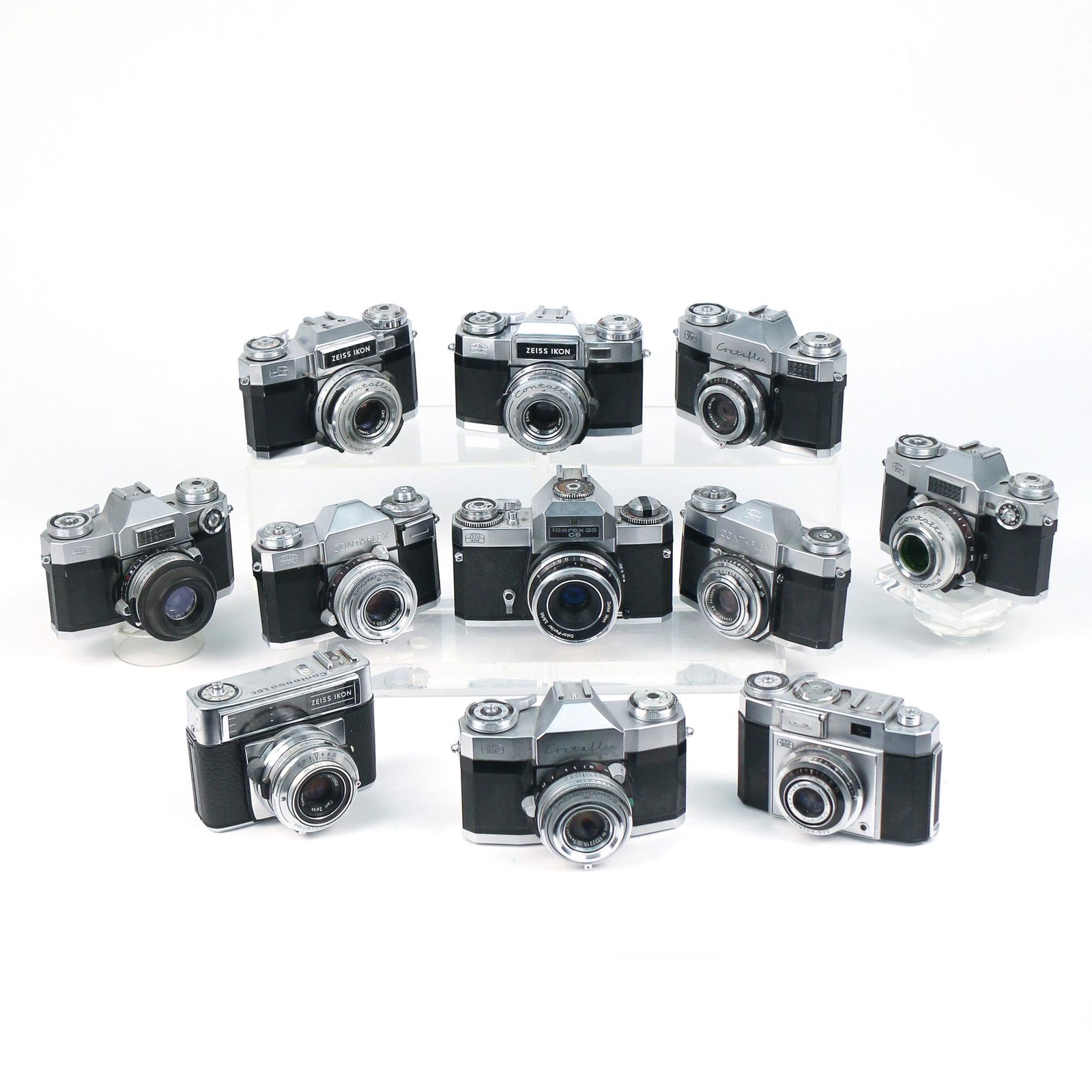 (11pc) ZEISS IKON CONTAFLEX & OTHER CAMERAS: including varying models and eras of Contaflex cameras, plus an Icarex 35 CS h. 4 w. 6 d. 3-1/2 in. (largest)