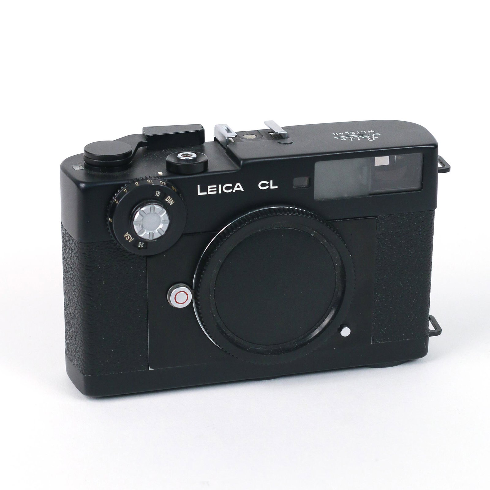 LEICA CL CAMERA, 1319802: black frame; no lens; top marked "Leitz / WETZLAR" and "1319802"