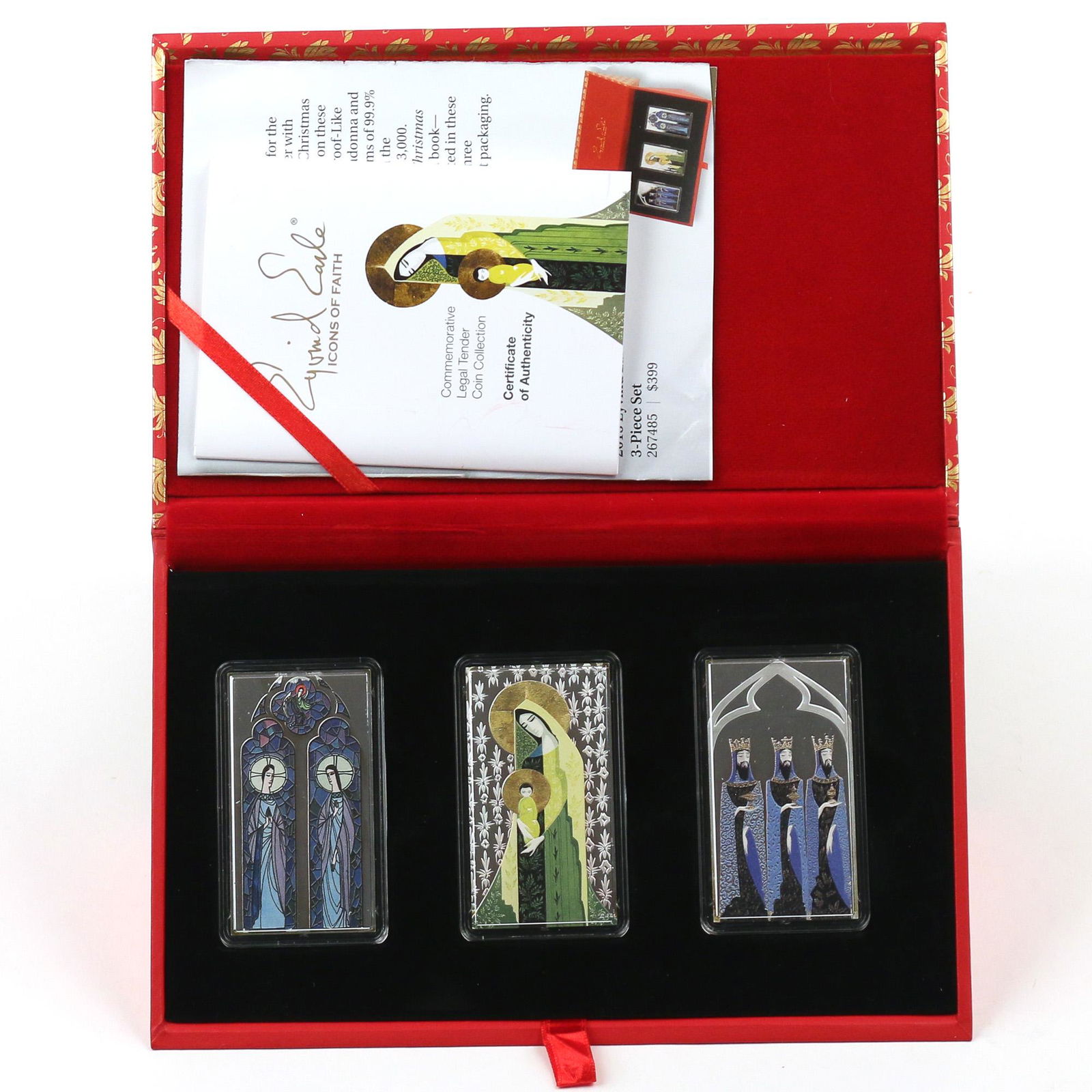 (3pc) EYVIND EARLE ENAMELED SILVER ICONS SET: 2015 .999 silver proof-like icons of faith; Elizabeth II Niue 10 dollar coins; including Madonna and Child, The Magi, and Evangelists Matthew and Luke with Angel; each weighs 50 grams h. 2-7/8 w. 1-5/