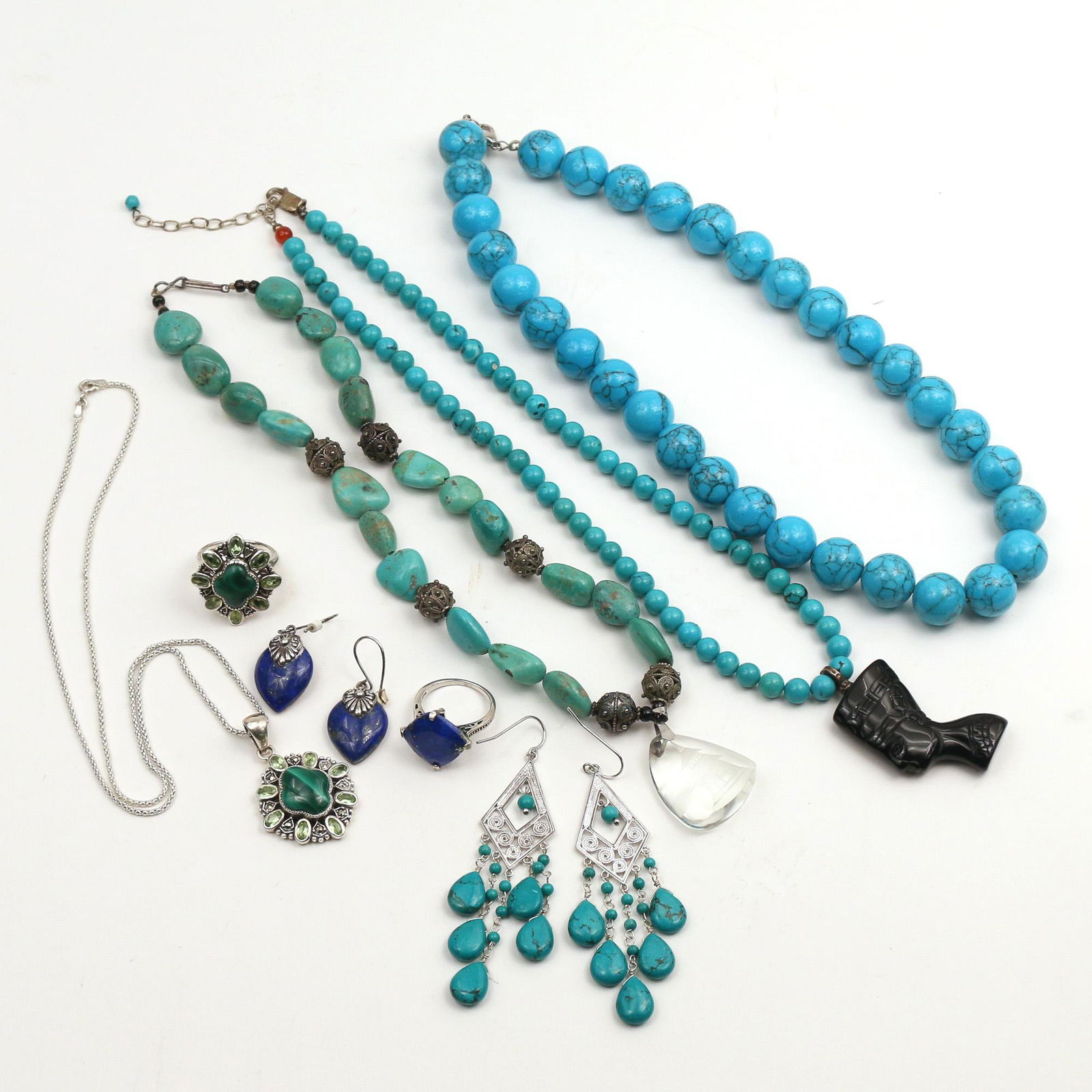(10pc) MISC. TURQUOISE & OTHER JEWERLY: including one pair of beaded turquoise earrings; one pair of lapis lazuli earrings marked 925 (7.5g); one lapis lazuli ring marked "925" (size 6-3/4, 4.5g); one malachite silver pendant on chain (12.8