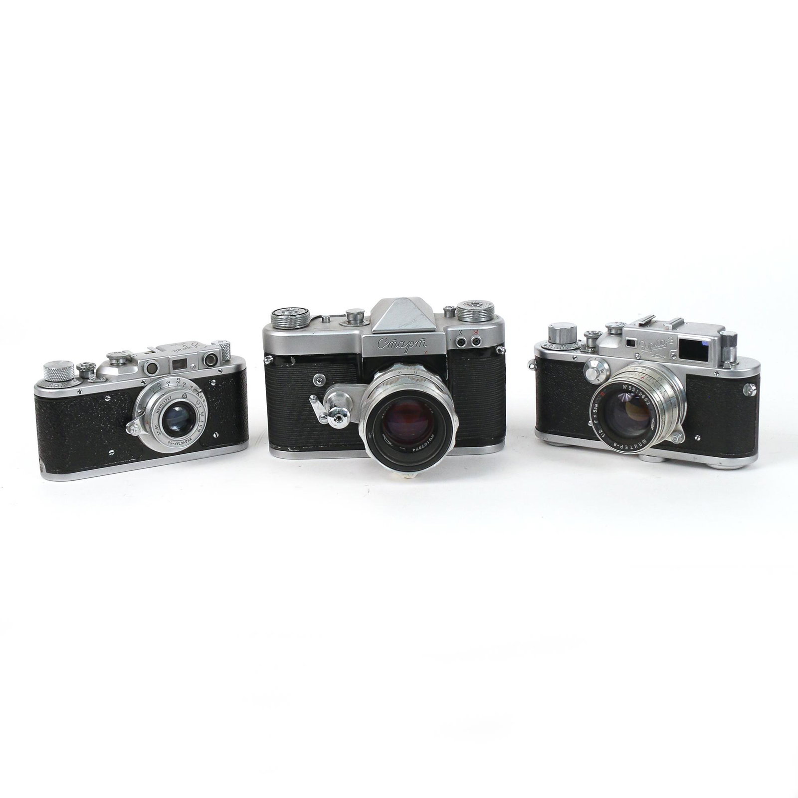 (3pc) RUSSIAN 35MM FILM CAMERAS, INCL. ZORKI: including two Zorki cameras, each with a leather case, and one Soviet Start camera; each with a lens h. 3-3/4 w. 5-3/4 d. 4 in. (largest)