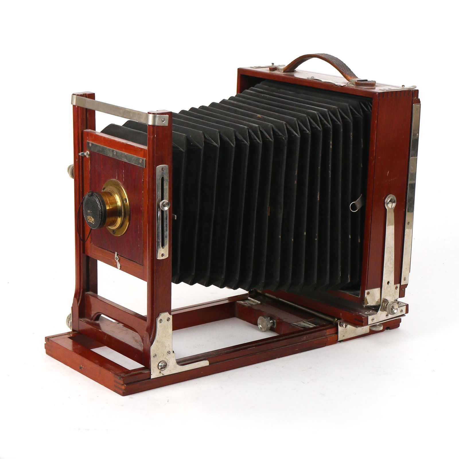 VINTAGE BELLOWS CAMERA, BRASS EURYSCOPE LENS: folding bellows camera with 19th century brass lens, engraved "Voigtlander & John / Braunschweig / Euryscop / No. 35255"; the glass plate measures approximately 6.5 in. height x 8.5 in. wide. h. 12-1/