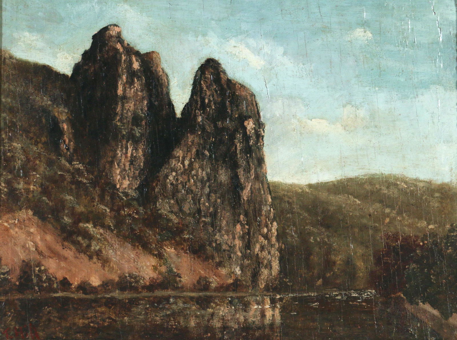 THOMAS HILL (American, 1829-1908): Landscape with two spires oil on board h. 9 w. 11-3/4 in. overall: 13 x 16 in. signed lower left "T.Hill" in red paint; in a gilt composition frame Provenance: From the home of a retiring, octogenaria