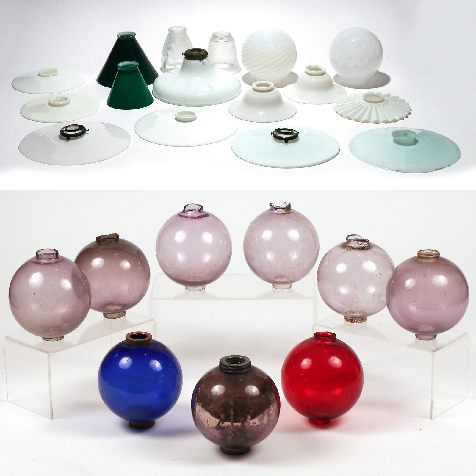 (25pc) ANTIQUE GLASS SHADES, SUN-CATCHERS, ETC.: including 9 lightning rod balls: 7 amethyst, 1 in blue, and 1 in red (5 in. height); also including 1 lobed milk glass pendant shade; 6 flat milk glass pendant shades (two pairs and two similar); a pa
