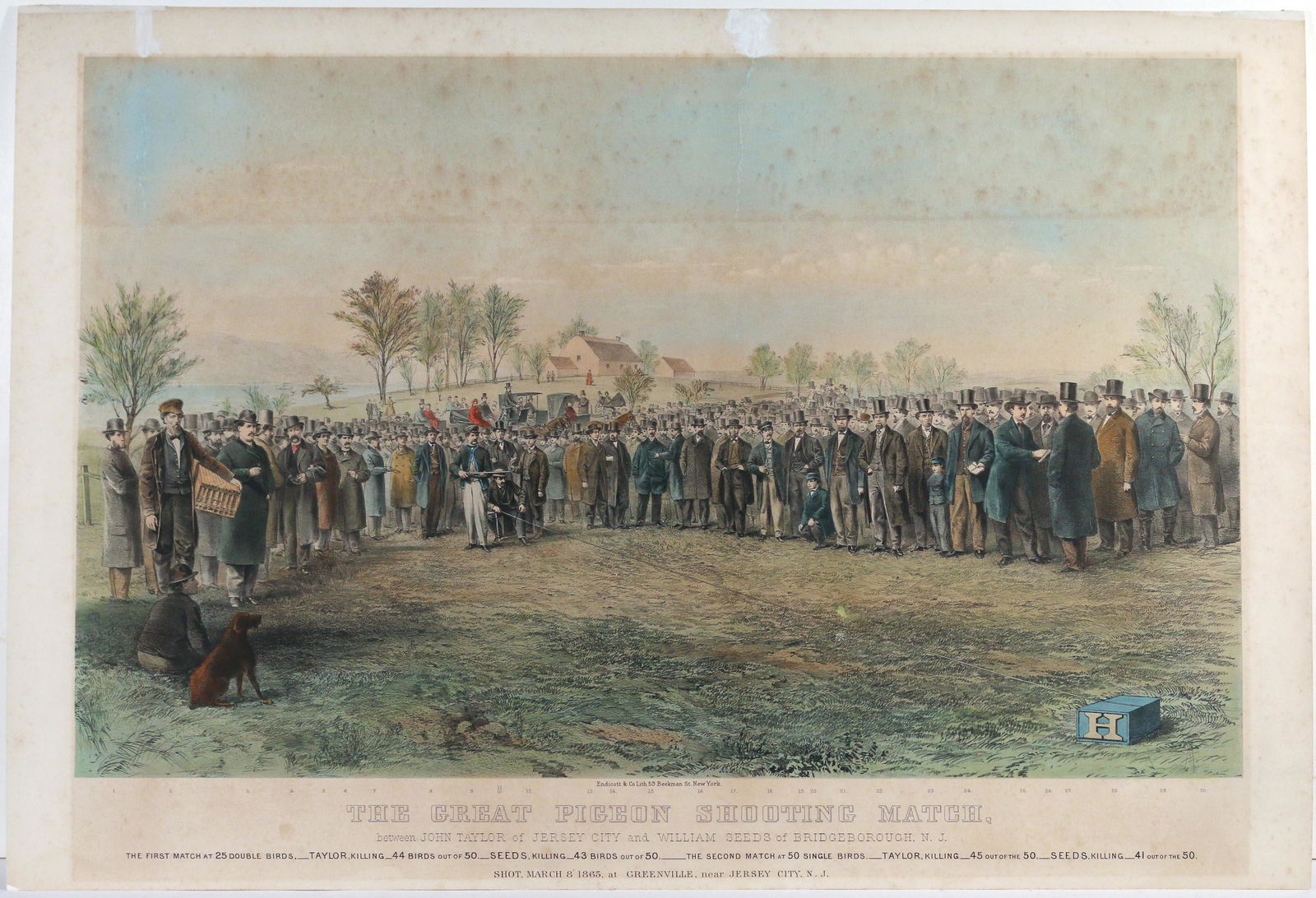 RARE AMERICAN HUNTING PRINT: The Great Pidgeon Shooting Match between John Taylor of Jersey City and William Seeds of Bridgeborough, N. J..., Endicott and Co., New York, (publishers), lithograph in colors; circa 1865, sold withou