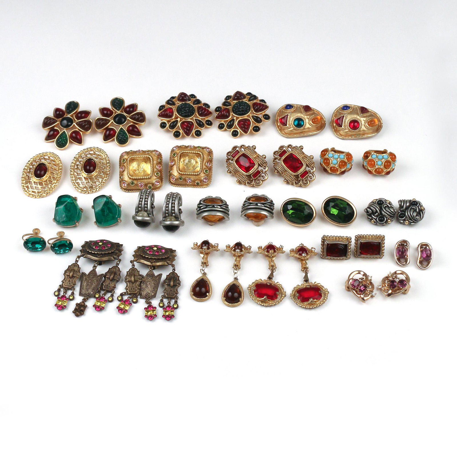 (38pc) COLORFUL GEMSTONE COSTUME EARRINGS: Mostly earclips; including a pair Les Bernard earrings with multi color gemstones, a pair of square Yosca earrings with yellow stones, a pair with red cabochons and faceted stone drops, a pair with re