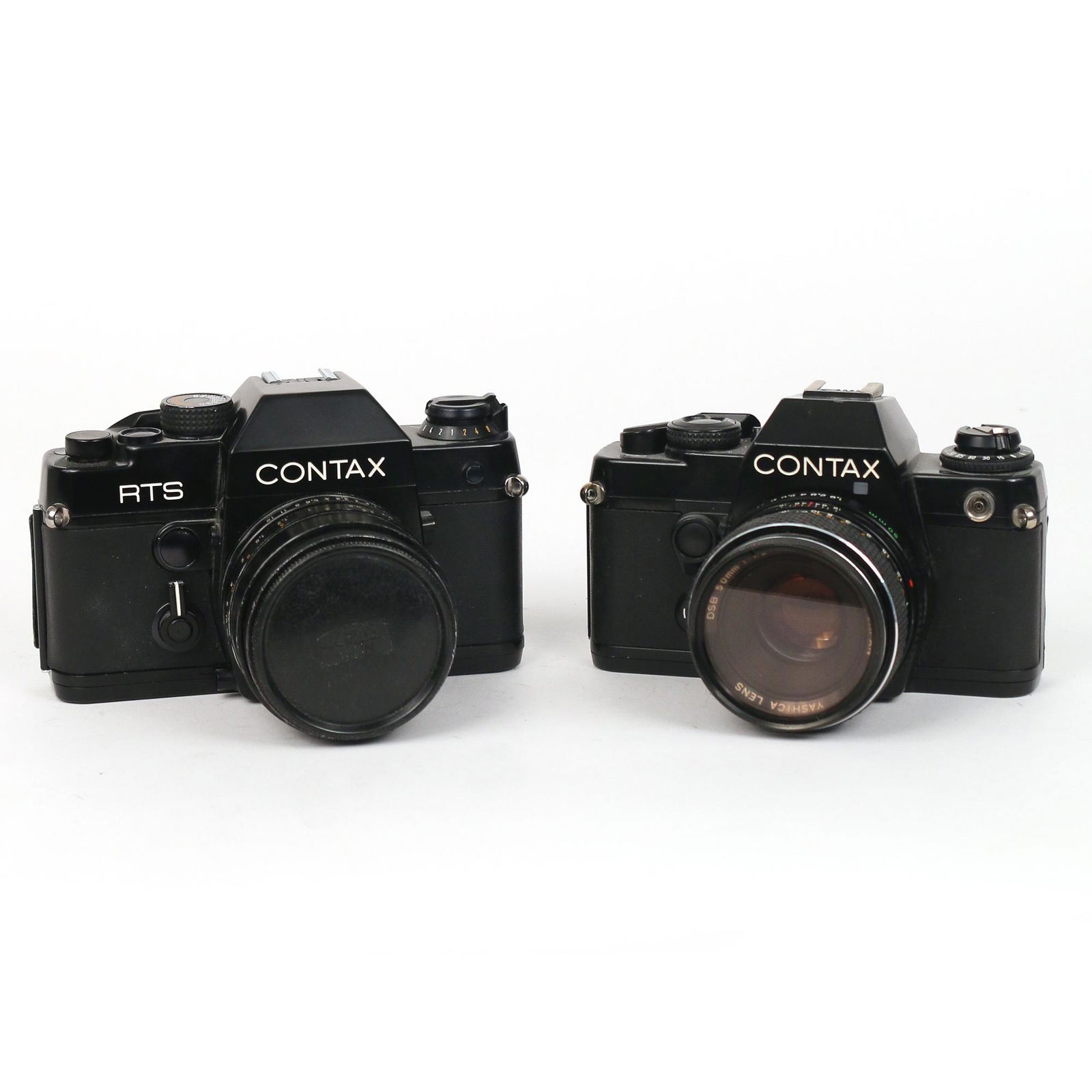 (2pc) VINTAGE BLACK CONTAX FILM CAMERAS: including a Contax RTS, No. 098822, with Planar 1,4/50 Carl Zeiss lens (bottom of camera marked "SCIENTIFIC / MEDICAL") [grip is loose on back/sides]; and a Contax 139 Quartz, No. 155438, with a Yashi