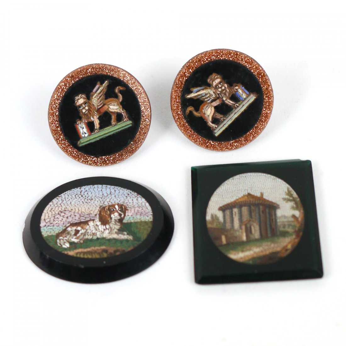 (4pc) MICROMOSAIC BUTTONS & OTHER: including two buttons with griffins, a placard with a dog, and one with a country house scene h. 1-1/4 w. 1-1/2 in.