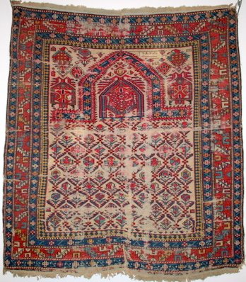 ANTIQUE SHIRVAN PRAYER RUG W/WEAR, 50" X 47"