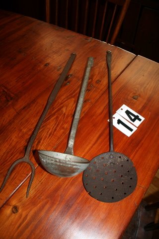GRP. 19TH C. IRON UTENSILS- FORK, SKIMMER,LADLE