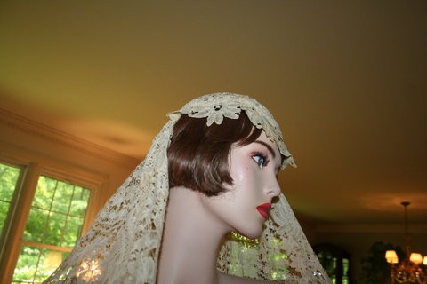 E. 20TH C. COTTON LACE WEDDING VEIL & DRESS - 5