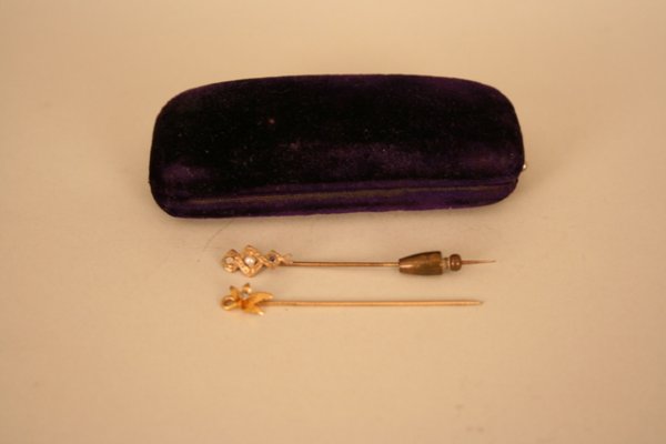 2 STICK PINS: DIAMOND, PEARL; BLUE STONES