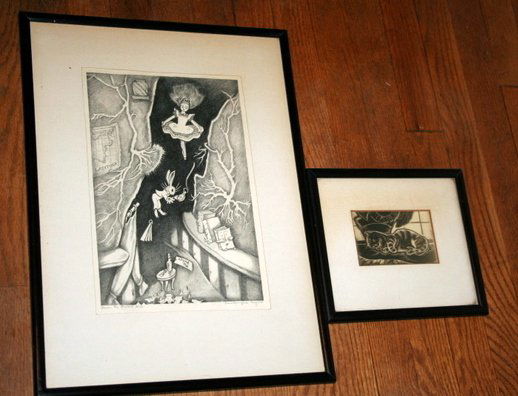DOROTHY L.M. GREGORY (PROVINCETOWN) 2 LITHOS: DOROTHY LAKE MOFFETT GREGORY (PROVINCETOWN, MA., 1893--) 2-LITHOGRAPHS, 'DOWN THE RABBIT HOLE', 12 1/4 X 8 3/8" (SIGHT) AND SLEEPING CAT, 4 1/2 X 2 7/8" (SIGHT)