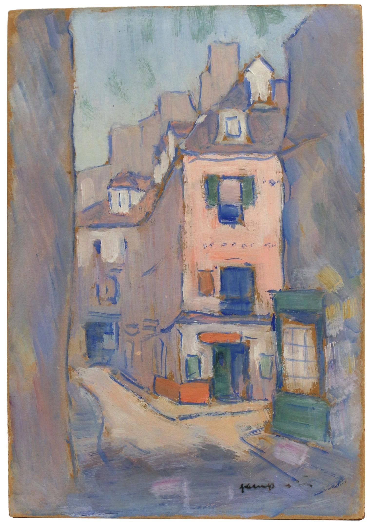 JAMES PRESTON (American, 1873-1962): village/country scenes oil on board h. 10 w. 7-1/8 in. overall: 13-1/4 x 10 in. (frame) village scene on one side, verso painted with a rural country lane with signs and with an an old jelly label and