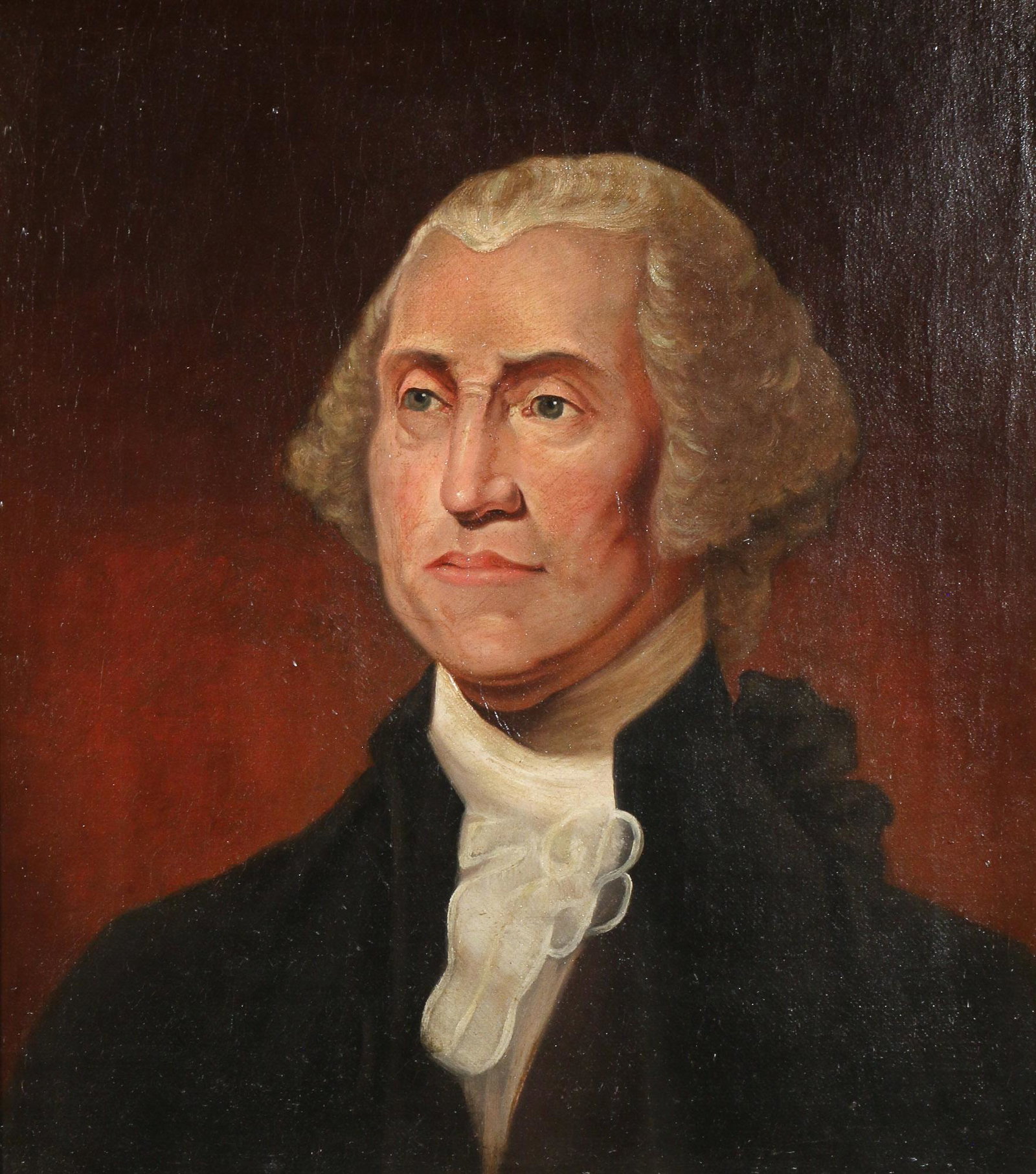 AFTER GILBERT STUART, AMERICAN SCHOOL: Portriat of George Washington oil on canvas h. 17 w. 15-1/4 in. overall: 24-1/4 x 22-1/2 in. (frame) 19th century, no apparent signature Provenance: from the collection of a North Salem, NY gentleman