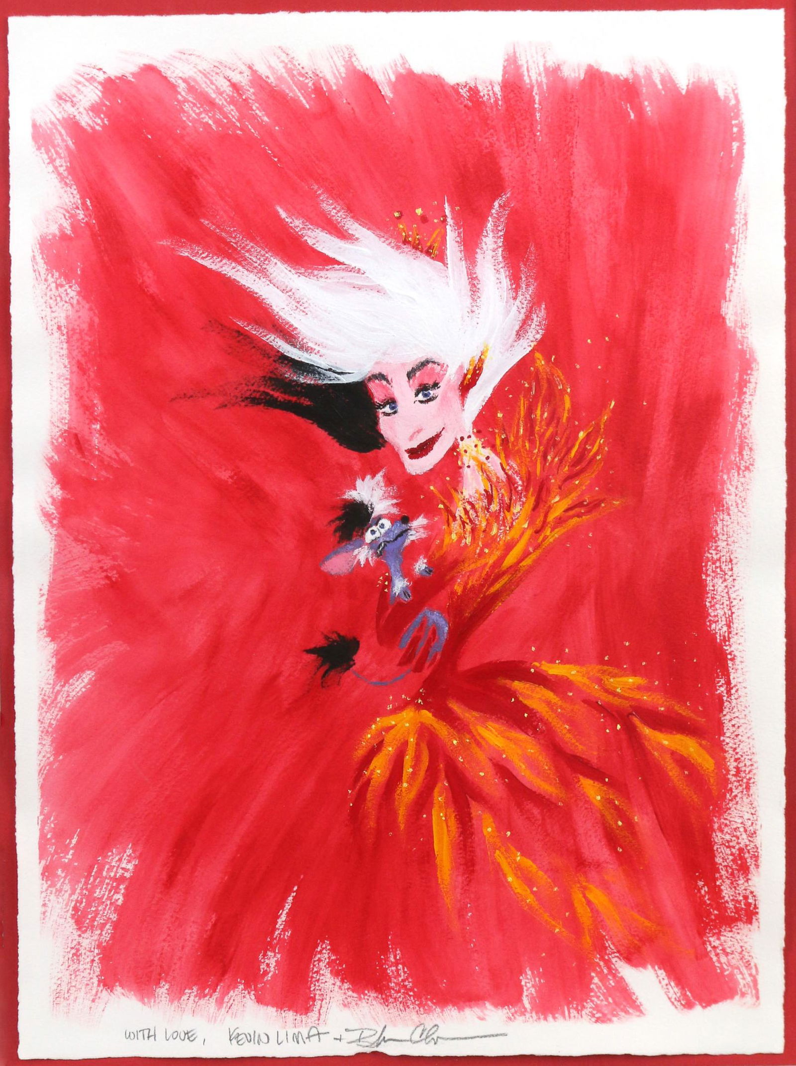 KEVIN LIMA (b. 1962), GLENN CLOSE / CRUELLA De VIL: Glenn Close as Cruella de Vil h. 15 w. 11 in. (sight) overall: 22-1/2 x 18 in. (frame) signed on verso by Glenn Close, with inscription: "I just met Kevin Lima when he directed Disney's TARZAN and I v