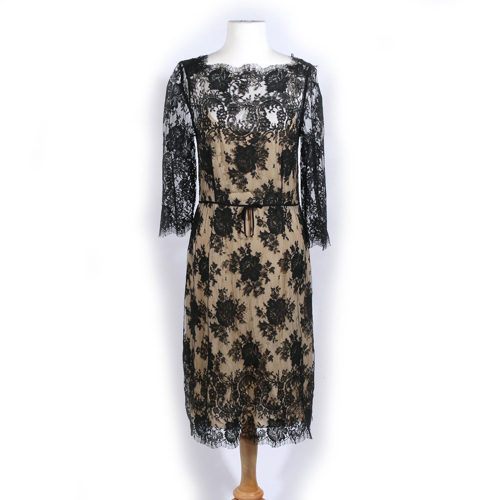 GLENN CLOSE'S CAROLINA HERRERA DRESS: black lace dress by Carolina Herrera with nude lining; size 10; worn at Hal Prince's 80th birthday party in 2008 Provenance: Collection of Glenn Close, Bedford, NY