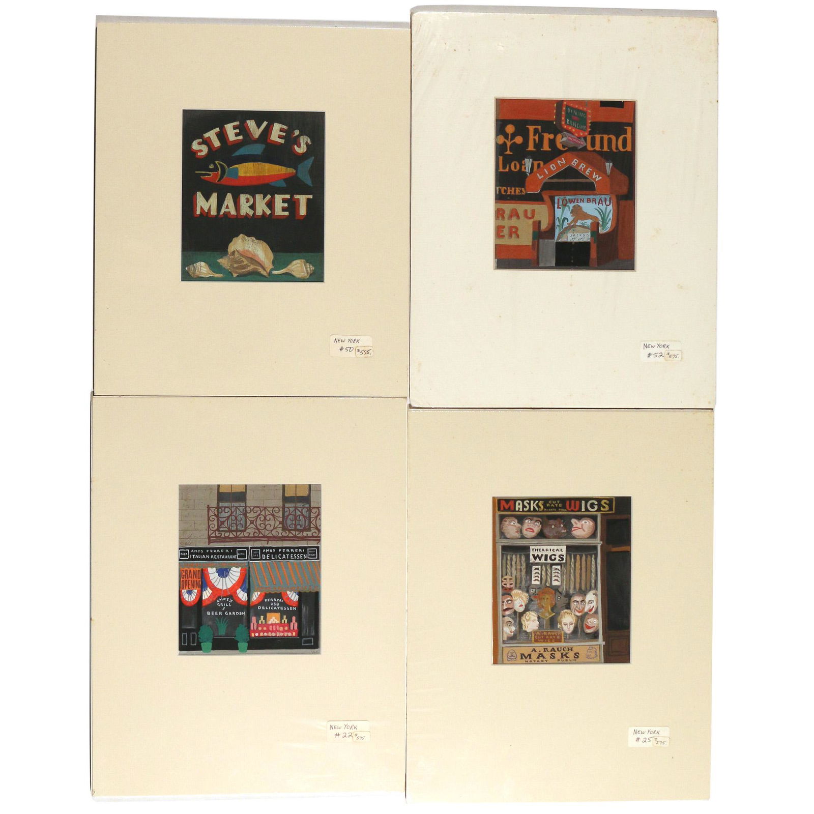 (4pc) WITOLD GORDON (New York/Poland, 1898-1968): New York store front facades mixed media on paper overall: 14-1/8 x 11 in. (largest matte) including four matted mixed media artworks of various New York store front facades, each wrapped in plastic a