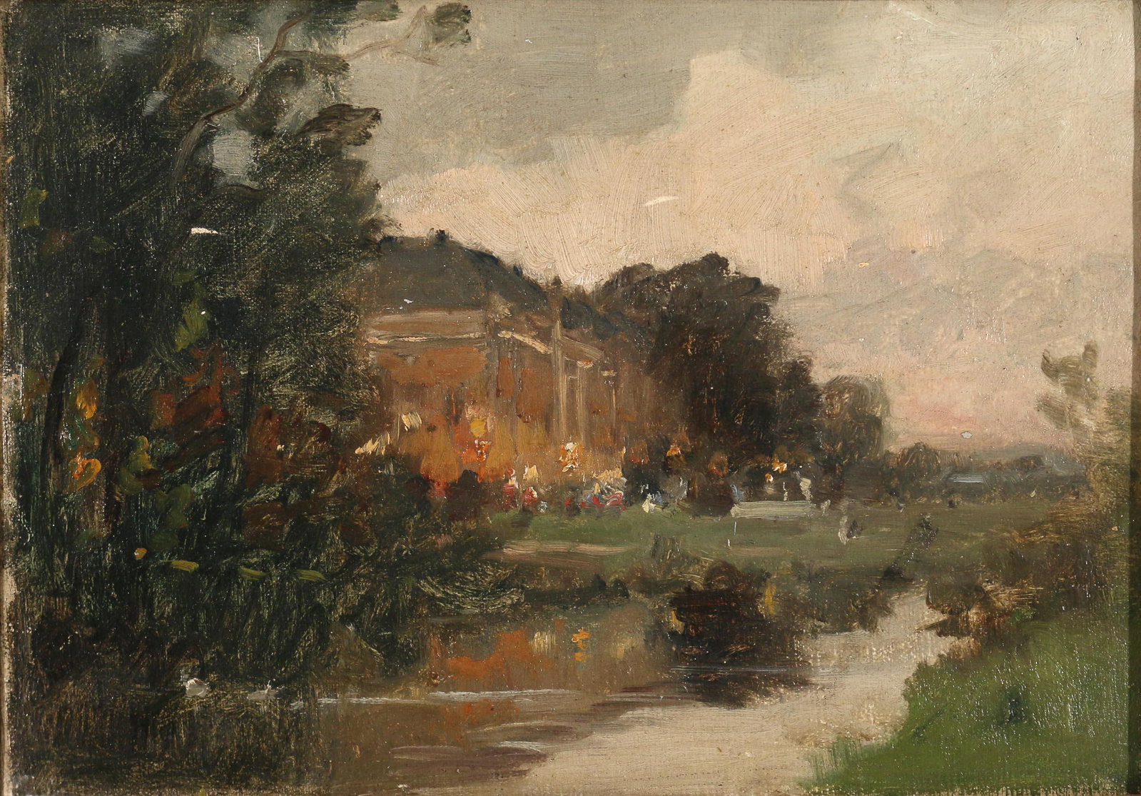 CONTINENTAL SCHOOL (20th Century): river landscape oil on canvas h. 8 w. 11 in. overall: 12-1/4 x 15-1/2 in. (frame) no apparent signature; in a period gilt carved frame