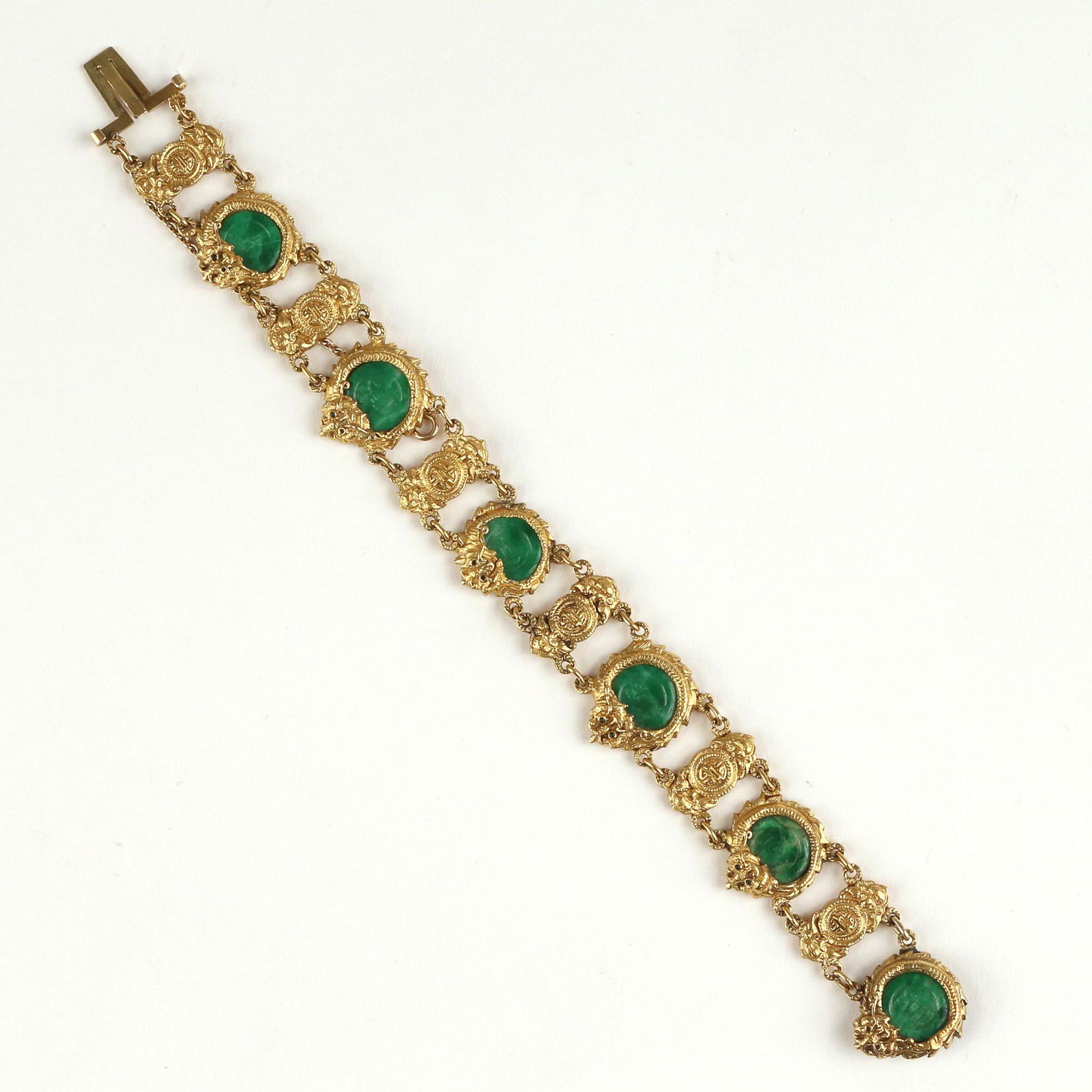 CHINESE JADE & 24k GOLD CARVED LINK BRACELET (1 of 7)