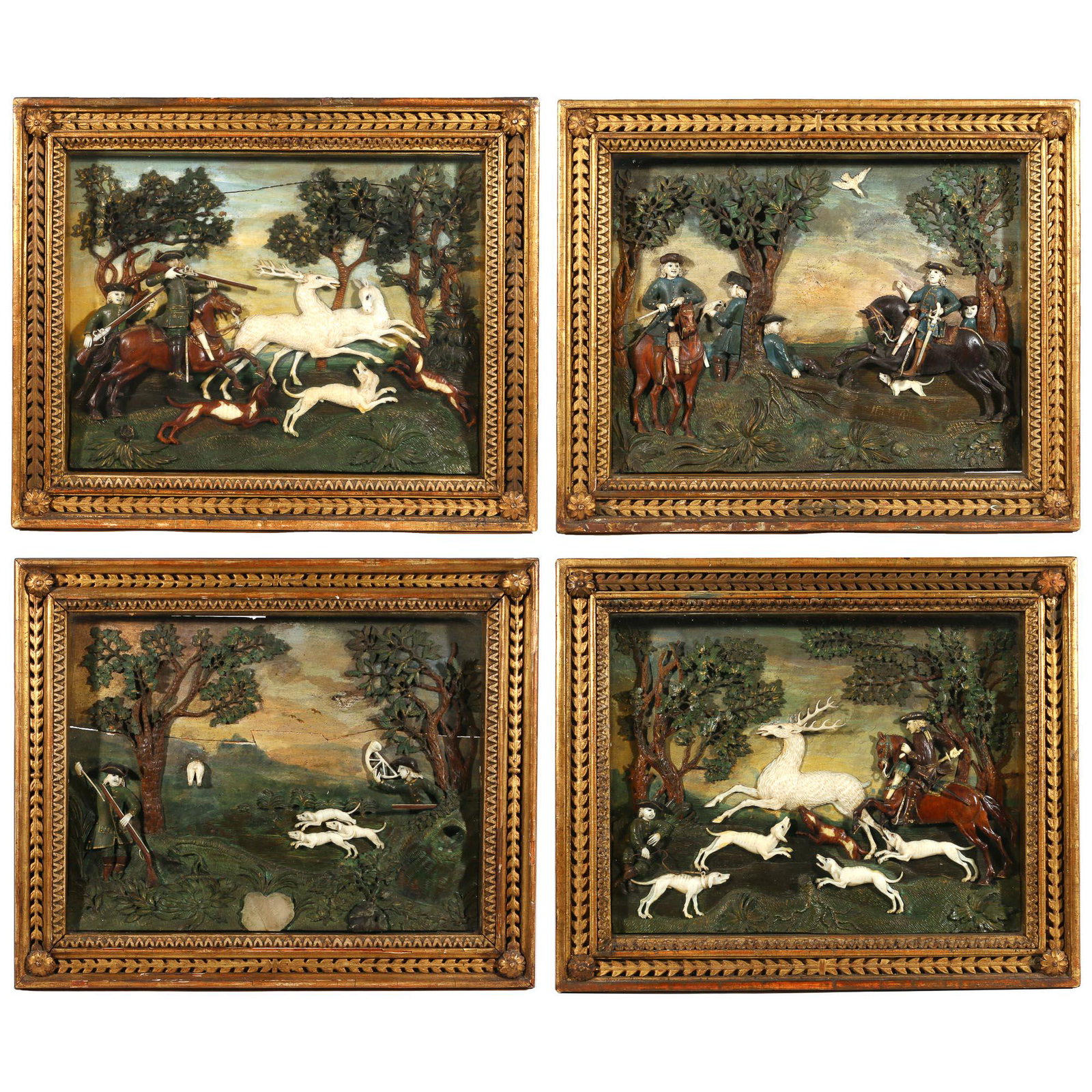 (4pc) EARLY CARVED WHITE STAG HUNT SCENE DIORAMAS: late 18th/ early 19th century, carved bone and various woods, polychrome decoration, mounted on wooden panels in original shadowbox frames h. 9-1/4 w. 12 in. (sight) overall: 12-1/2 x 15-1/4 in. (fram
