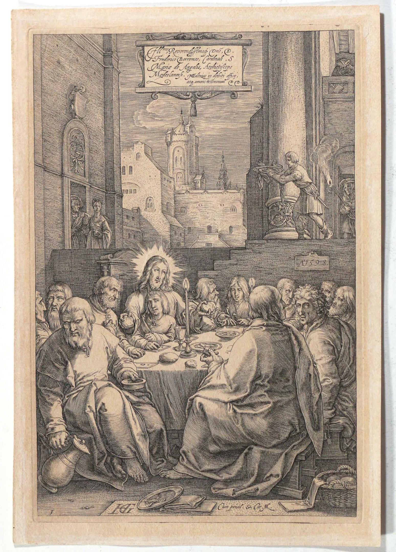 AFTER HENDRIK GOLTZIUS (Dutch, 1558-1617): The Last Supper copper engraving h. 7-11/16 w. 5-1/8 in. (subject) from The Passion of Christ (Bartsch 27), with dedication at top, monogrammed 'HG' and dated 1598 all in the plate; on rather heavy pa