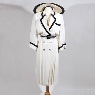 (3pc) GLENN CLOSE'S SCHERRER DRESS & HAT: Jean-Louis Scherrer Boutique reyon crepe dress, no. 379052, in cream with navy blue accents; made in Paris; including a custom made matching straw hat by Luxanne, millenary 700 Madison Ave NYC; accomp