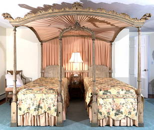 SHERATON STYLE CARVED & POLYCHROME TWIN BEDSTEAD