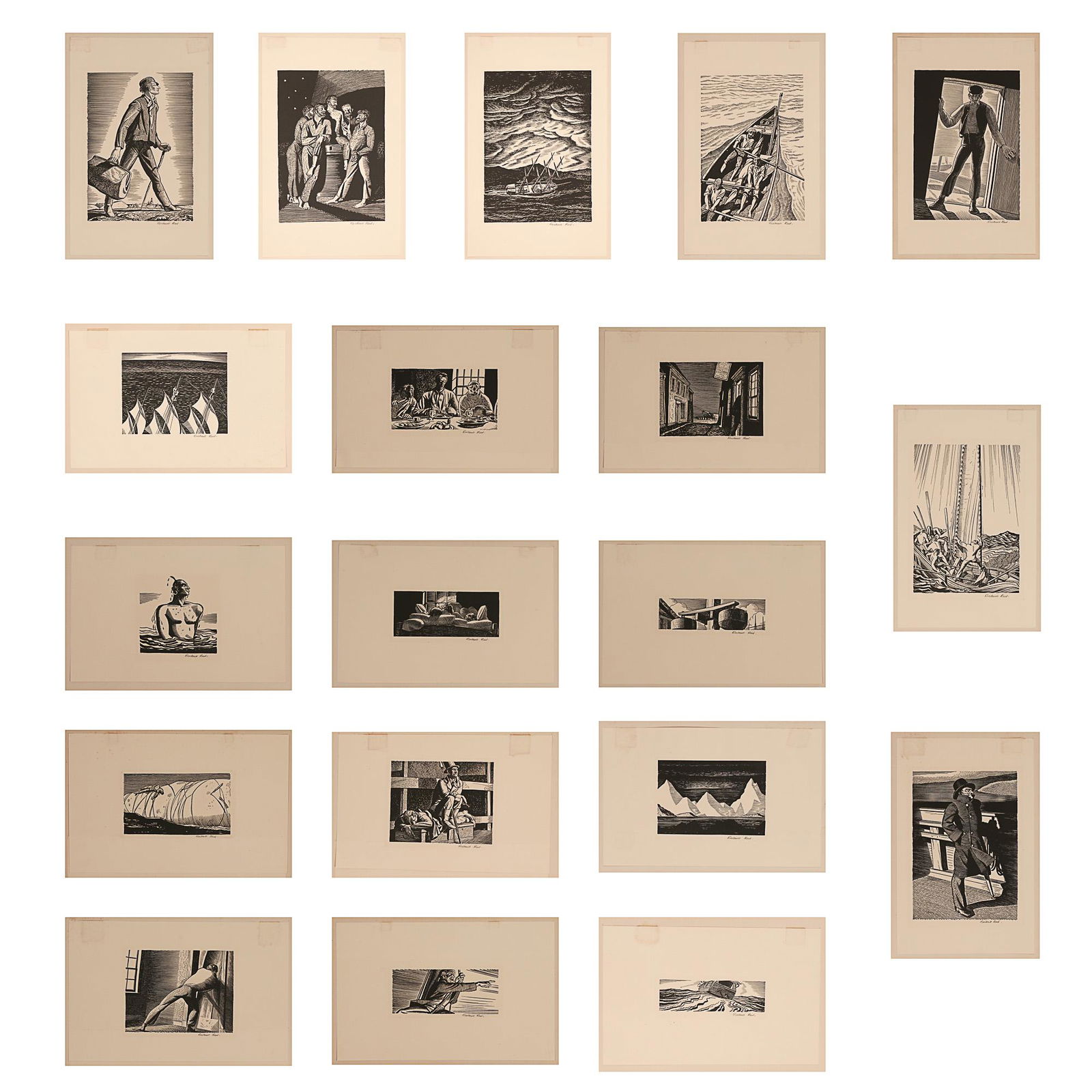 (19pc) ROCKWELL KENT (American, 1882-1971): Proof Illustrations from Moby Dick photo woodcuts h. 11-1/4 w. 7-1/8 in. (each sheet) overall: 19-1/2 x 14 in. (mat) c. 1930, all signed in pencil lower margin, original mats, not framed, several with