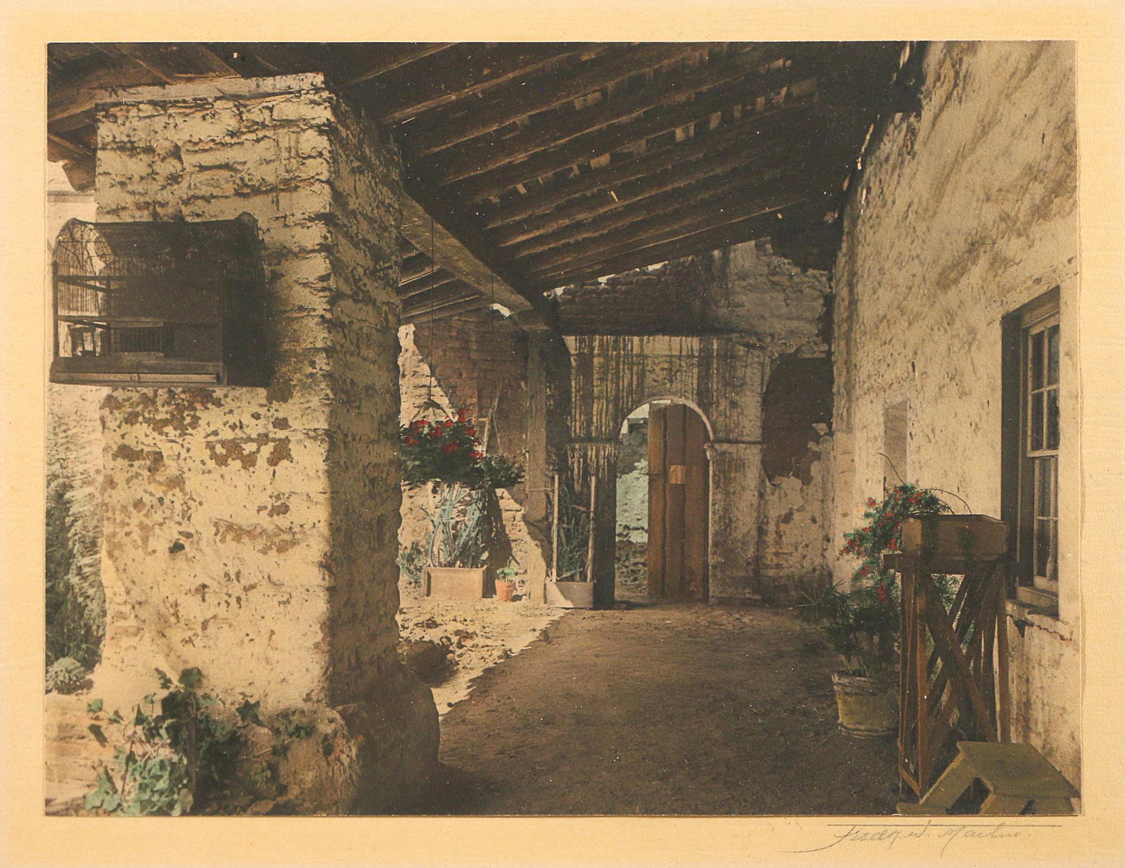 EARLY COLORED PHOTOGRAVURE: colorised photogravure showing a building exterior decorated with plants and birdcage, signed indistinctly in pencil lower right "Fred... Ma...", with Frederick Loeser & Co. Art Galleries, Brooklyn, N