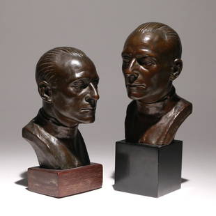 (2pc) MALVINA HOFFMAN (American, 1887-1966): L'Homme Tombeau bronze h. 7 w. 3-3/4 d. 5 in. overall: h. 10-1/4 in. (tallest) each signed Malvina Hoffman 1930; bust of Dr. Albert Simard, having an Alexis Rudier foundry mark; one on a black plinth,