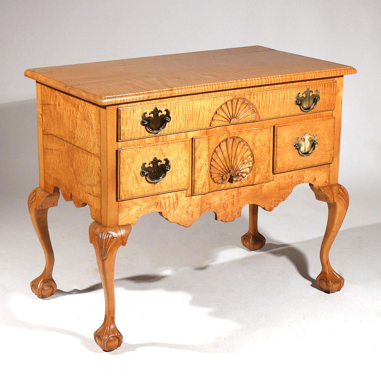 CARVED TIGER MAPLE QUEEN ANNE LOW BOY (1 of 13)