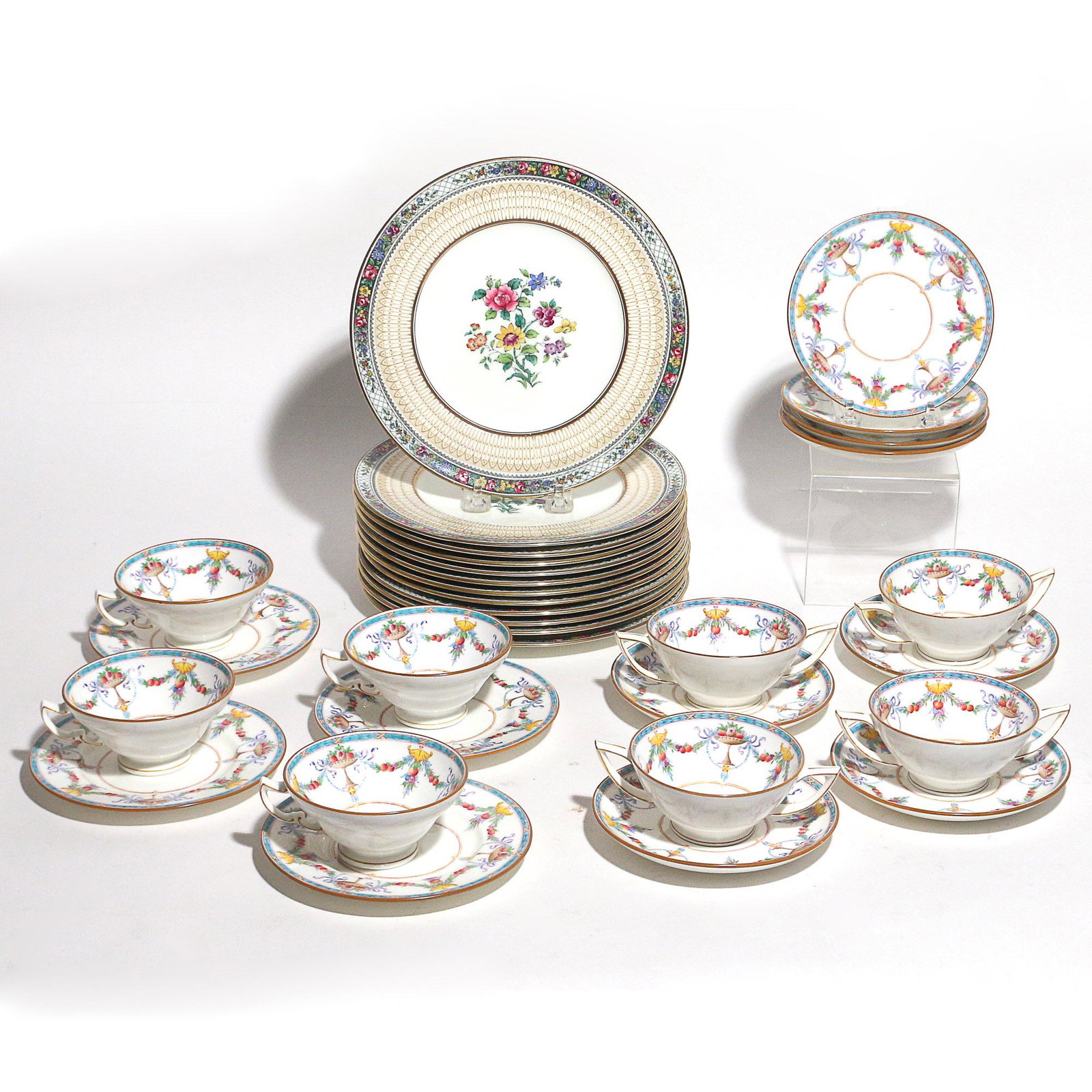 (32pc) MINTON & CAULDON CHINA: Minton pieces including 4 double-handled cups, 4 single-handled cups, with 8 accompanying saucers and 4 dessert plates; plus 12 Cauldon china luncheon plates, marked on the back â€œOvinston Bros C