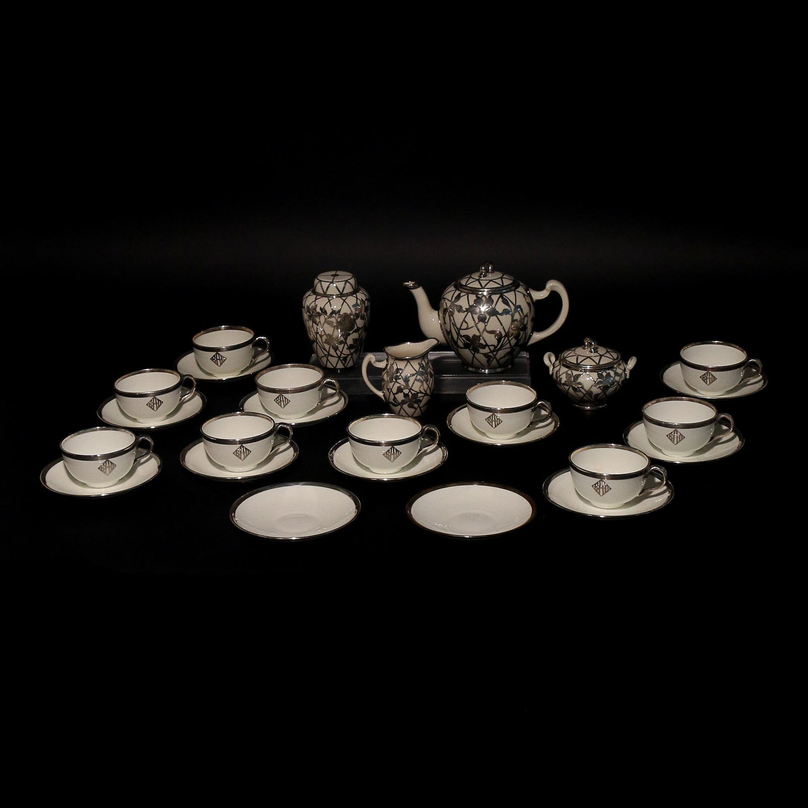 (26pc) LENOX SILVER OVERLAY TEA SET & CAULDON CUPS (1 of 12)